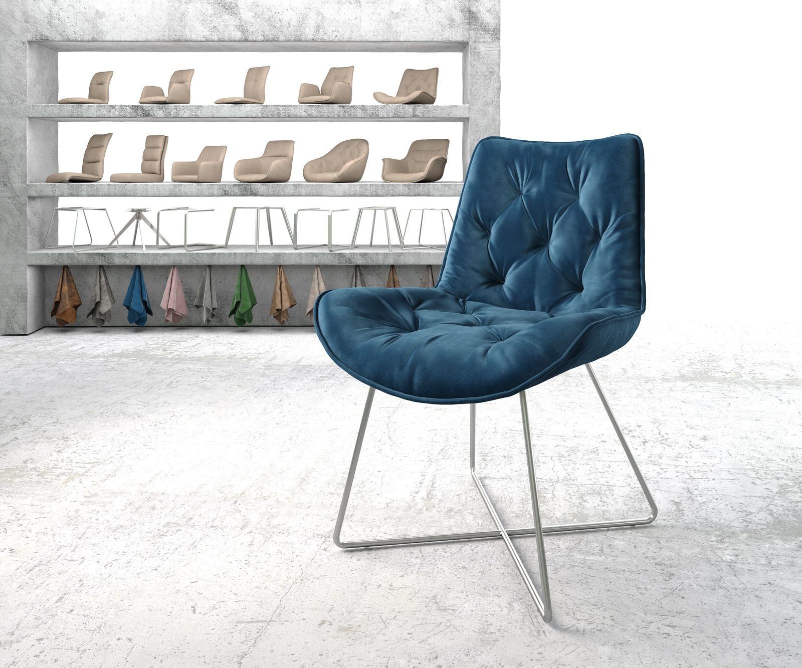 Chaise-de-salle-à-manger Taimi-Flex bleu velours cadre en X acier inoxydable