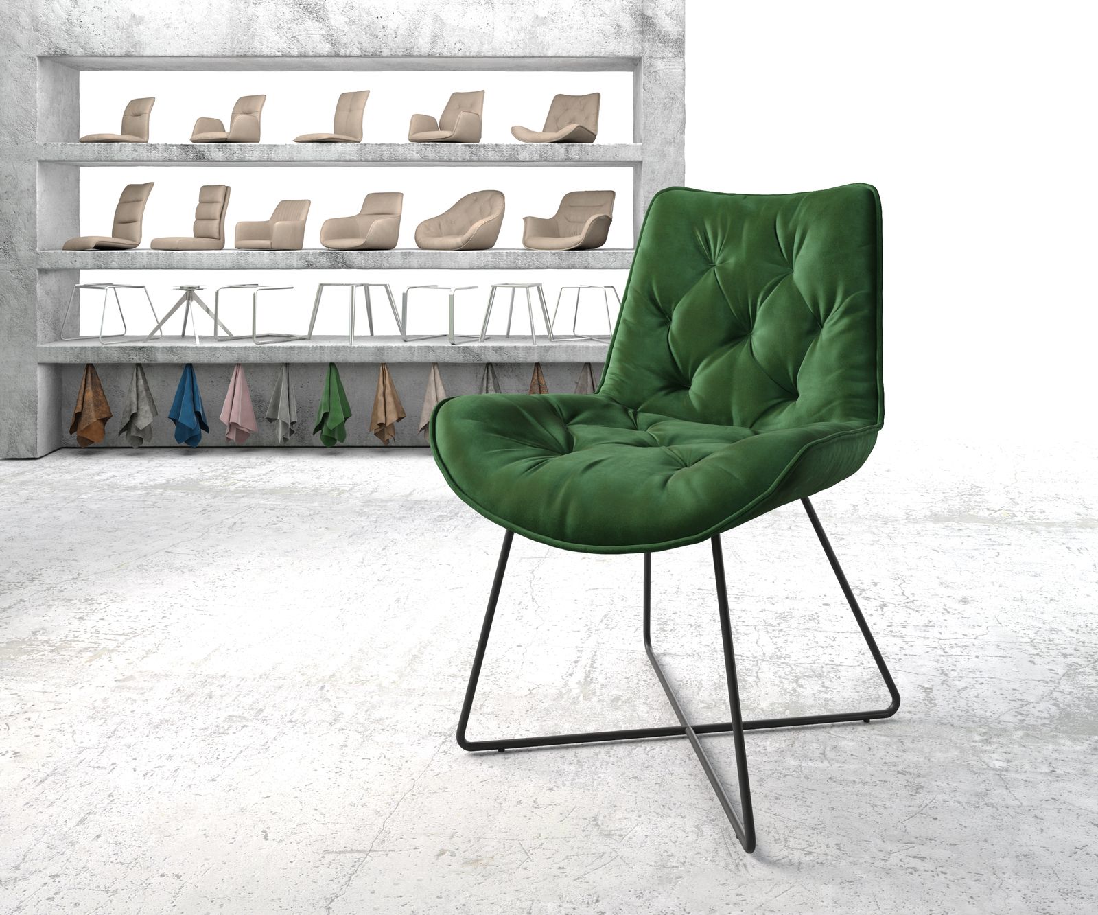 Chaise-de-salle-à-manger Taimi-Flex vert velours cadre en X noir