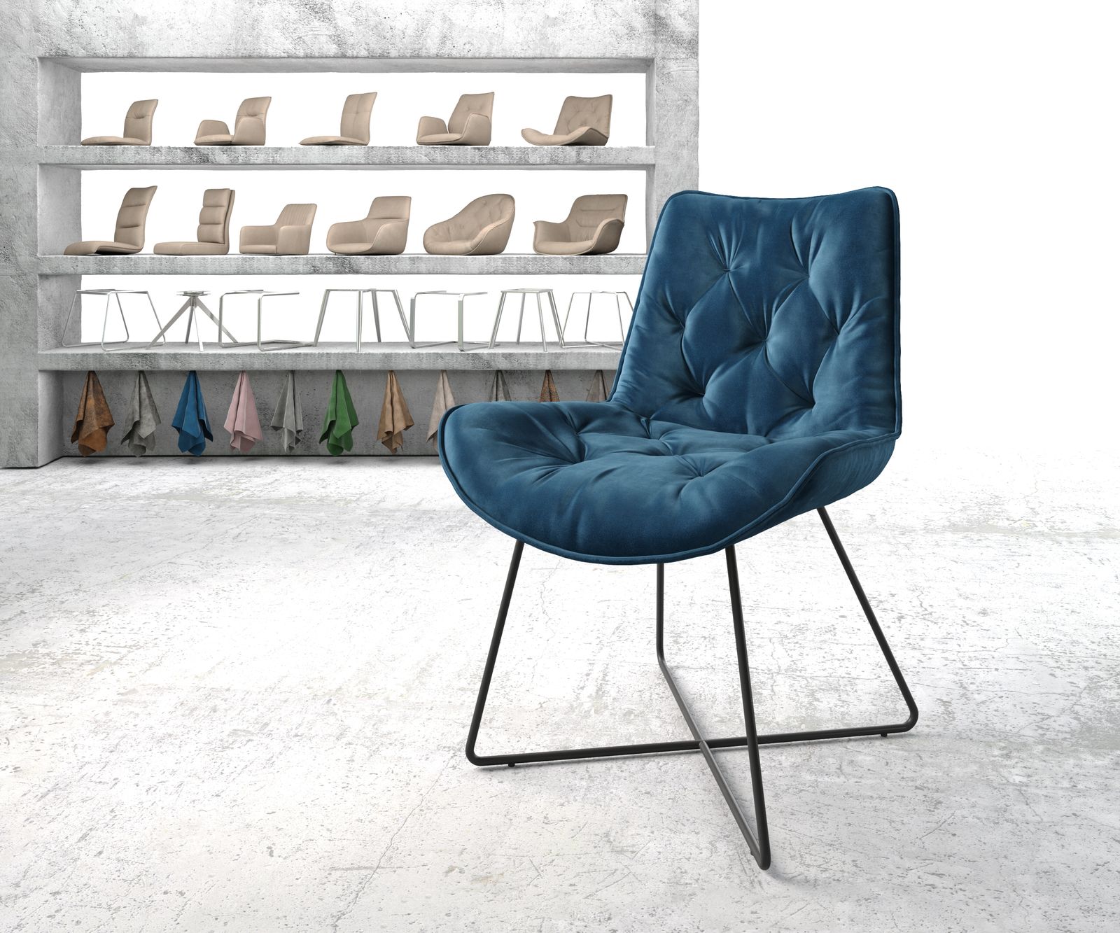 Chaise-de-salle-à-manger Taimi-Flex bleu velours cadre en X noir