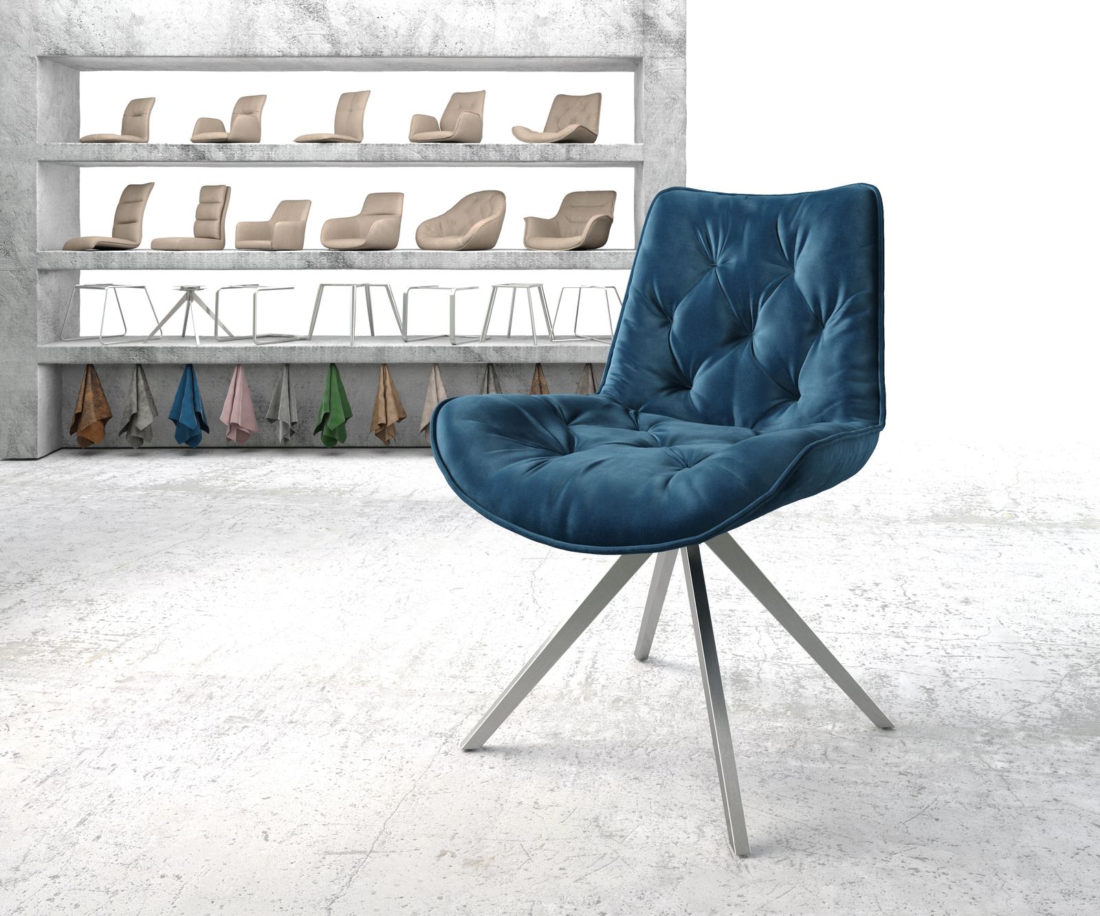 Chaise-pivotante Taimi-Flex bleu velours cadre croisé angulaire acier inoxydable