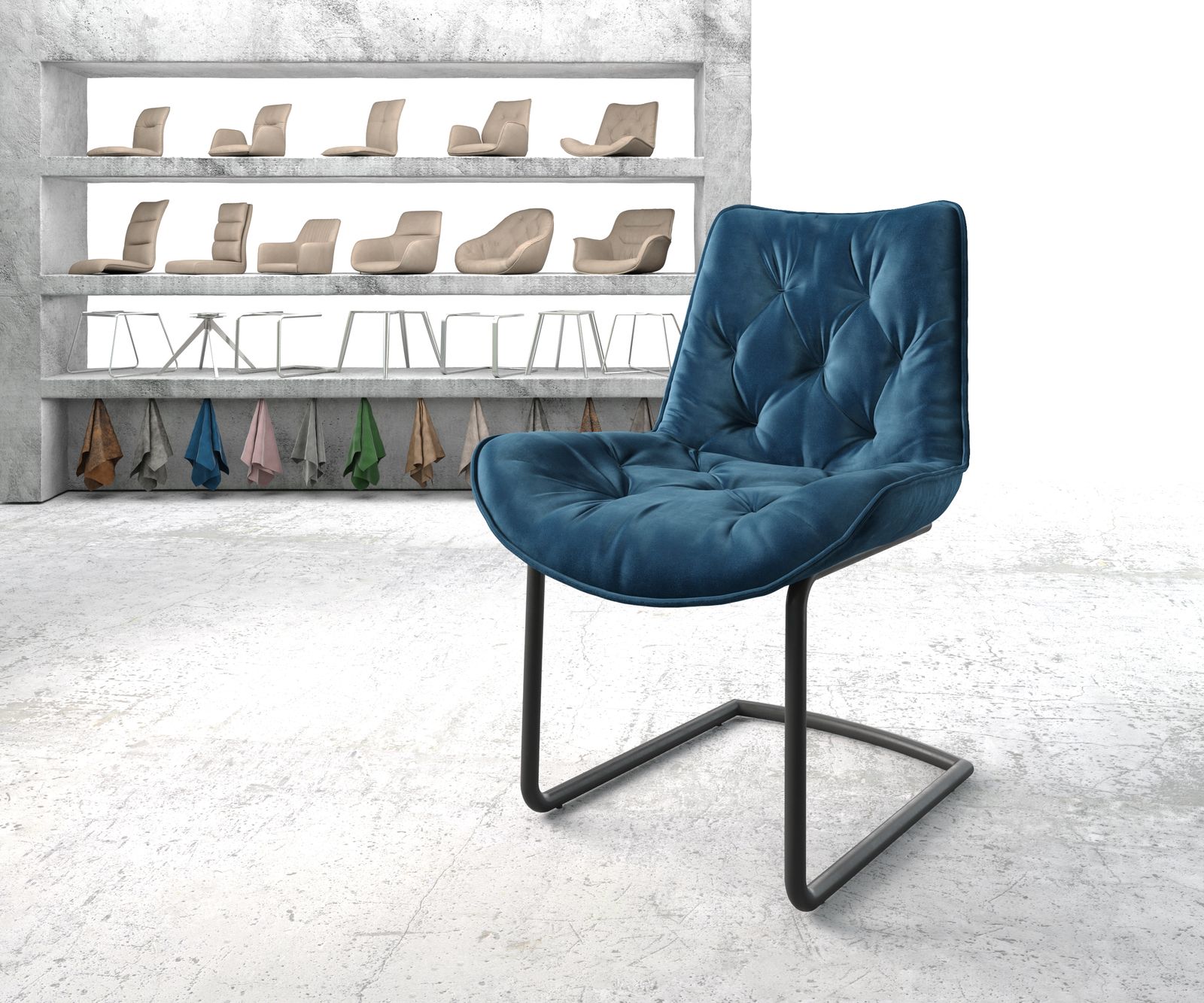 Chaise-de-salle-à-manger Taimi-Flex bleu velours cantilever rond noir