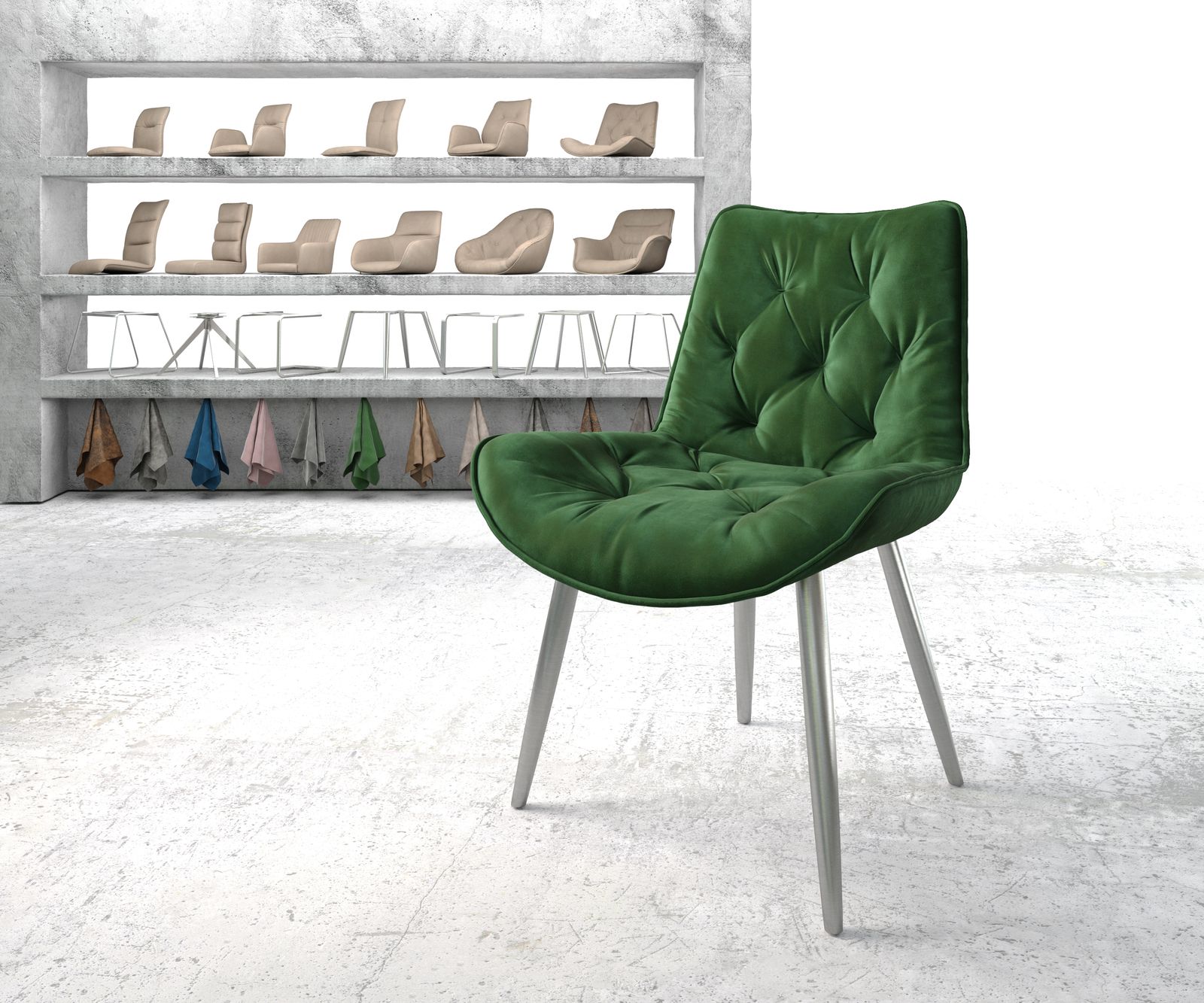 Chaise-de-salle-à-manger Taimi-Flex vert velours 4-pieds conique acier inoxydable