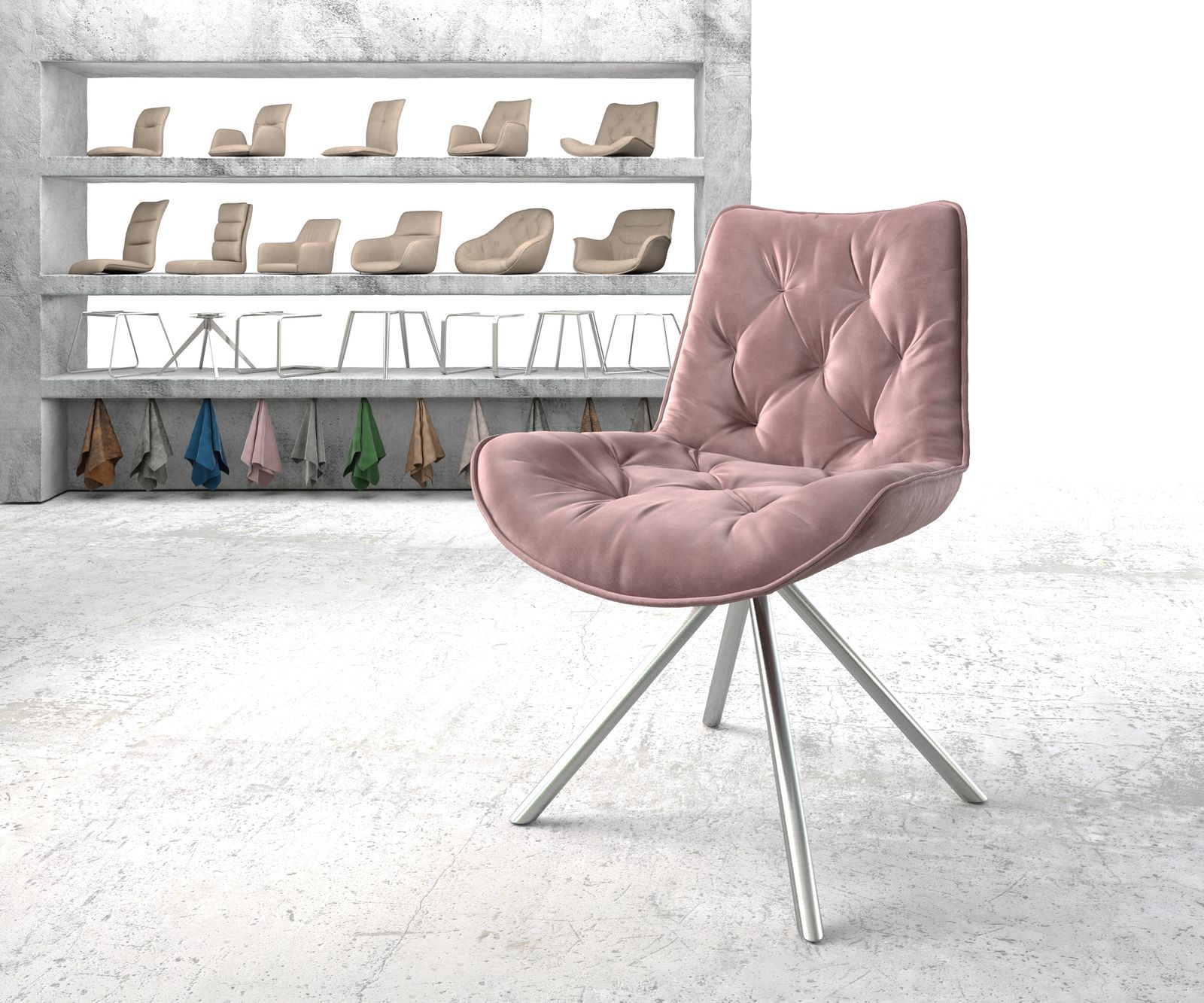 Chaise-pivotante Taimi-Flex rosé velours cadre croisé rond acier inoxydable