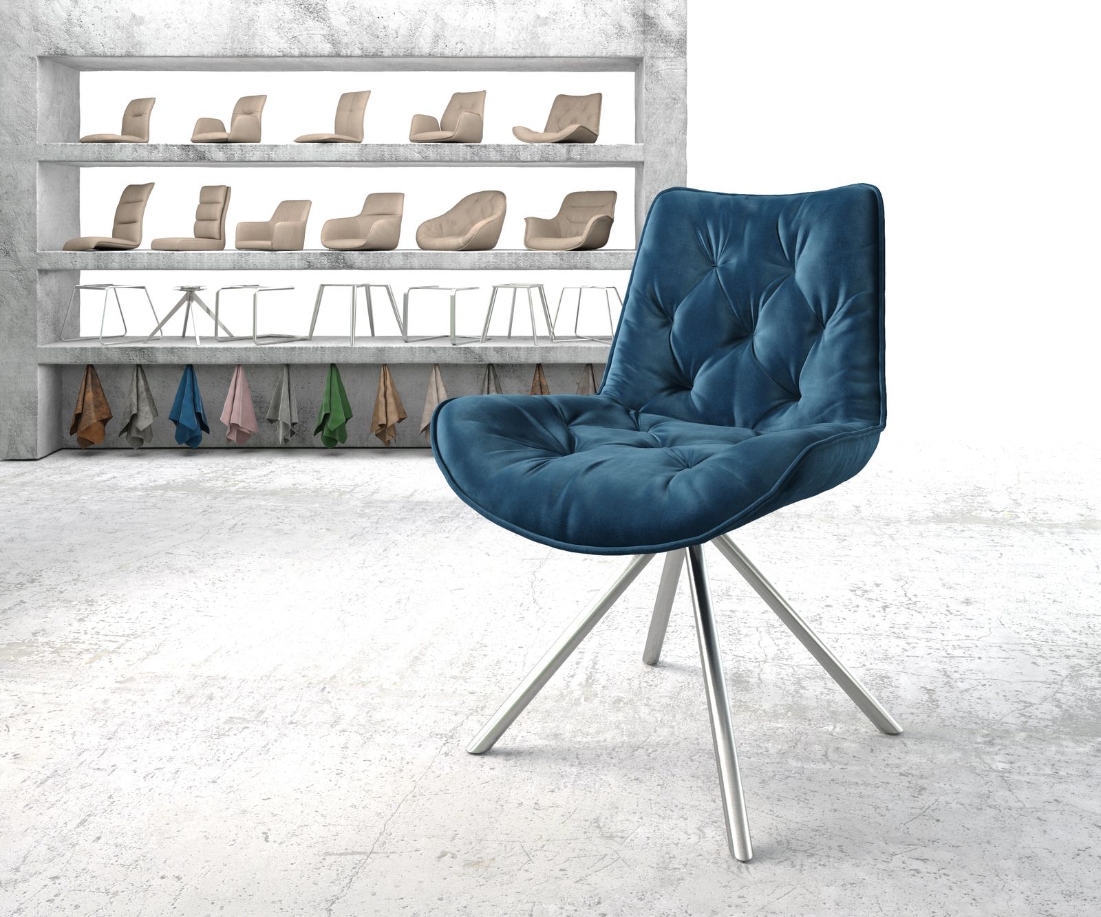 Chaise-pivotante Taimi-Flex bleu velours cadre croisé rond acier inoxydable