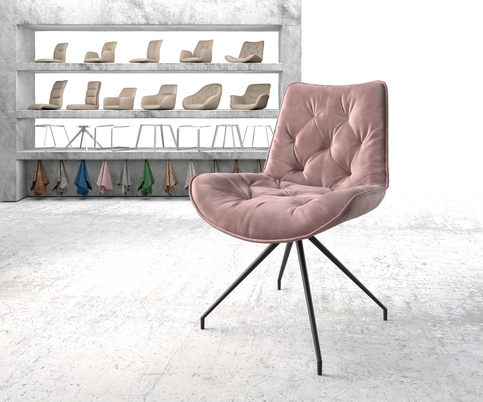 Chaise-pivotante Taimi-Flex rosé velours cadre croisé conique noir