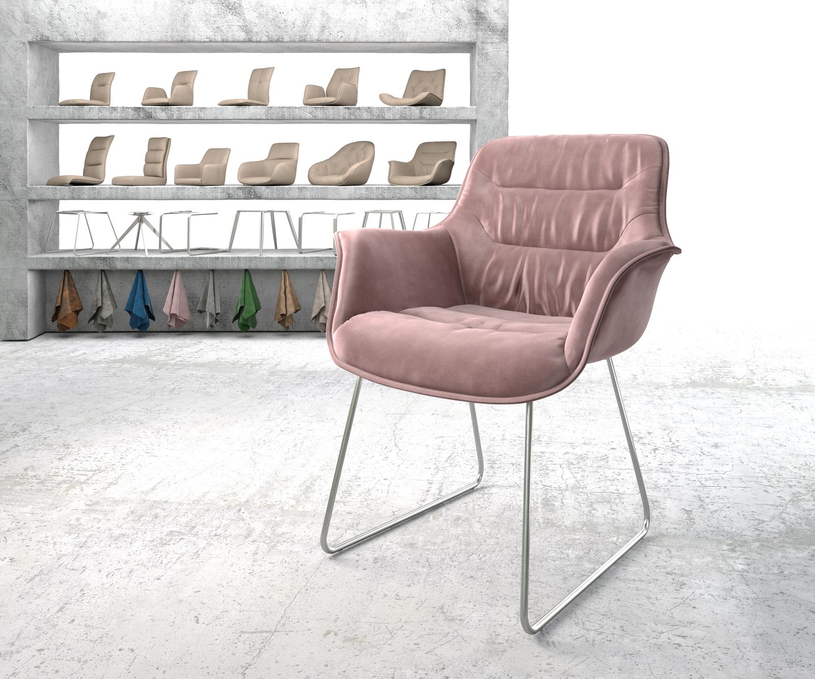 Fauteuil Kaira-Flex rosé velours cadre croisé acier inoxydable