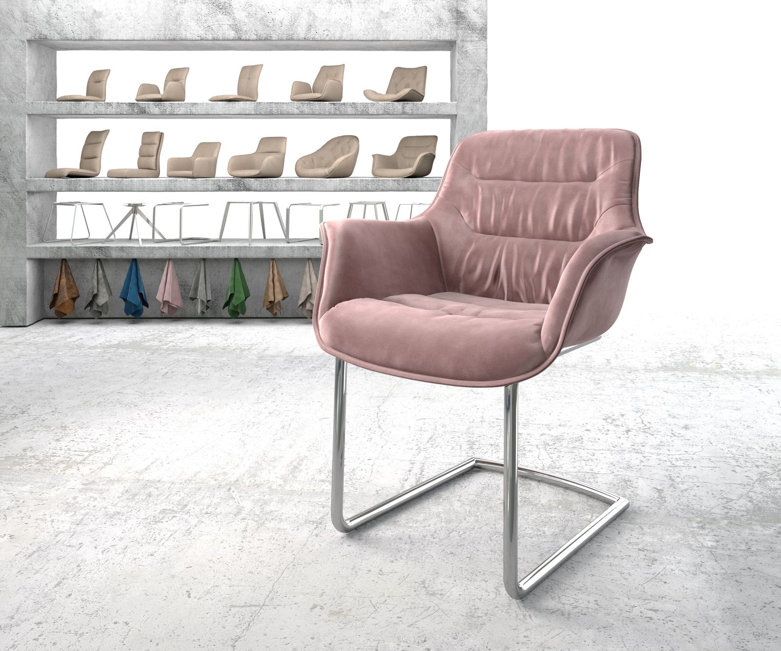 Fauteuil Kaira-Flex rosé velours cantilever rond chromé