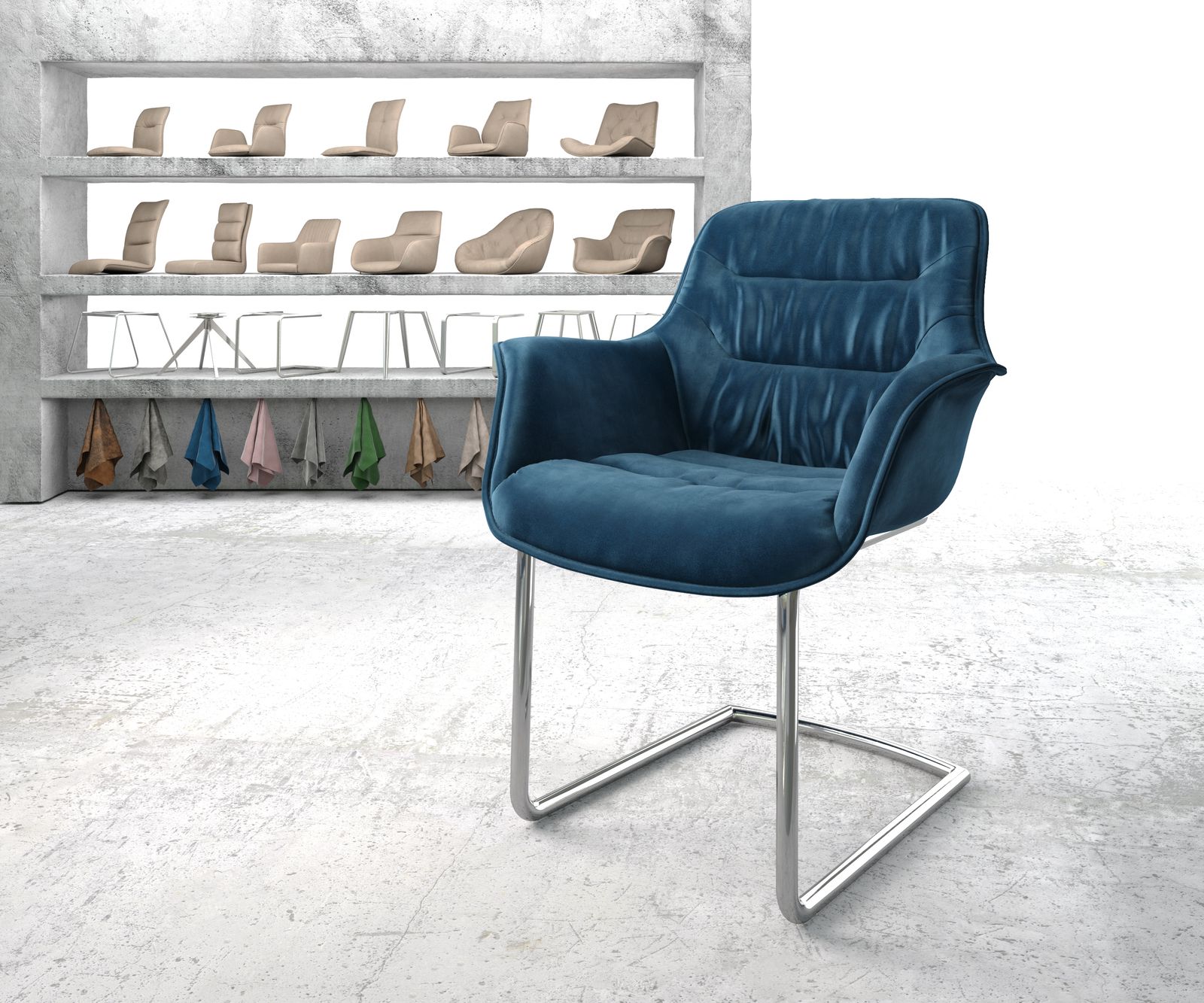 Fauteuil Kaira-Flex bleu velours cantilever rond chromé