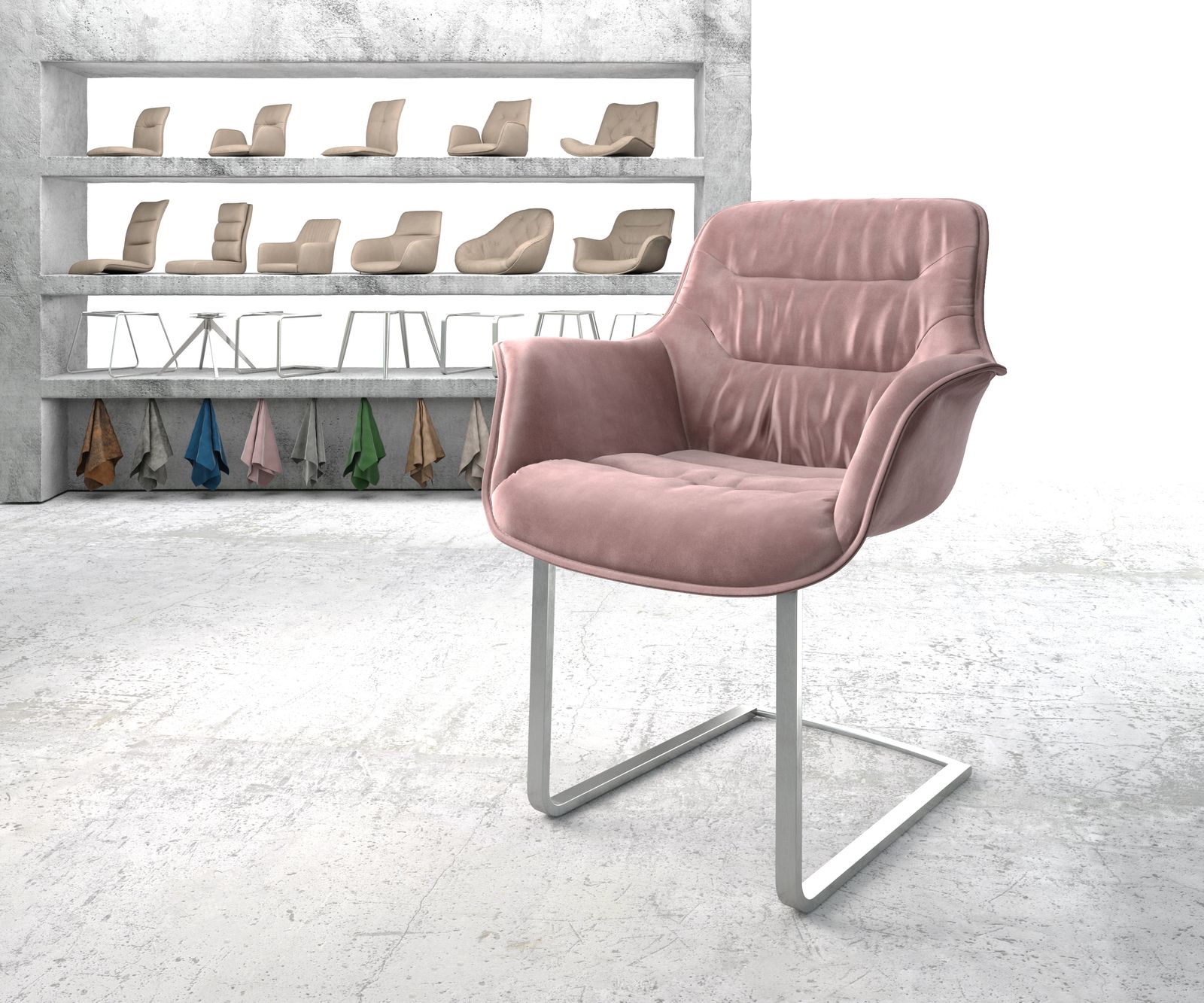 Fauteuil Kaira-Flex rosé velours cantilever plat acier inoxydable