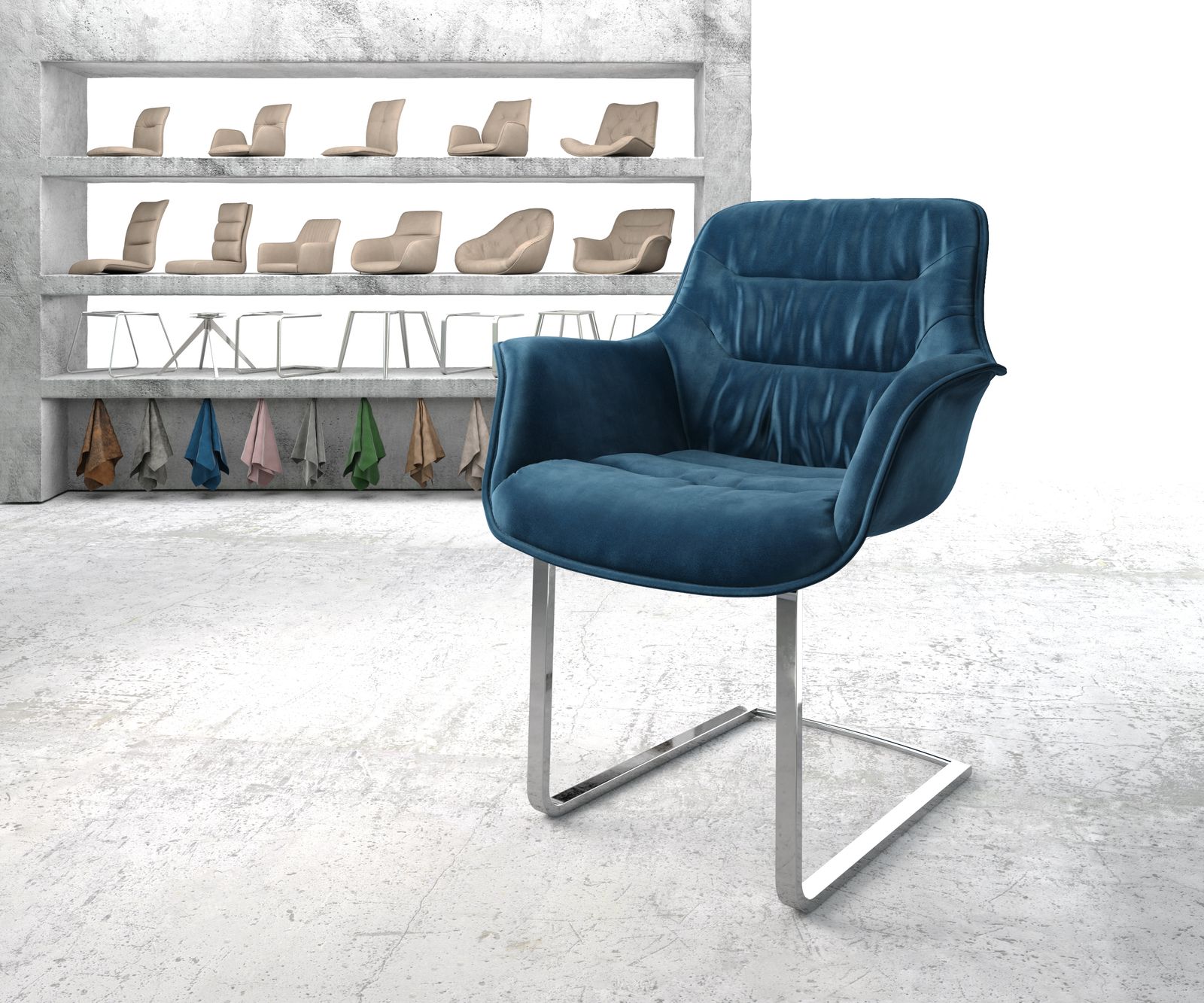 Fauteuil Kaira-Flex bleu velours cantilever plat chromé