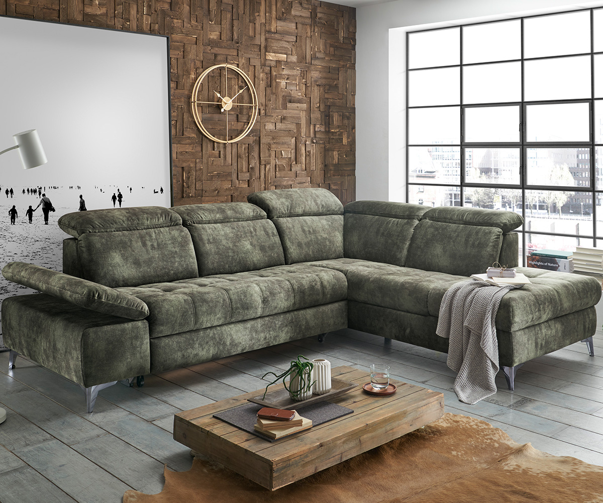 Canapé-d'angle Salta 282x221 vert mousse pouf droite incl. fonction de couchage