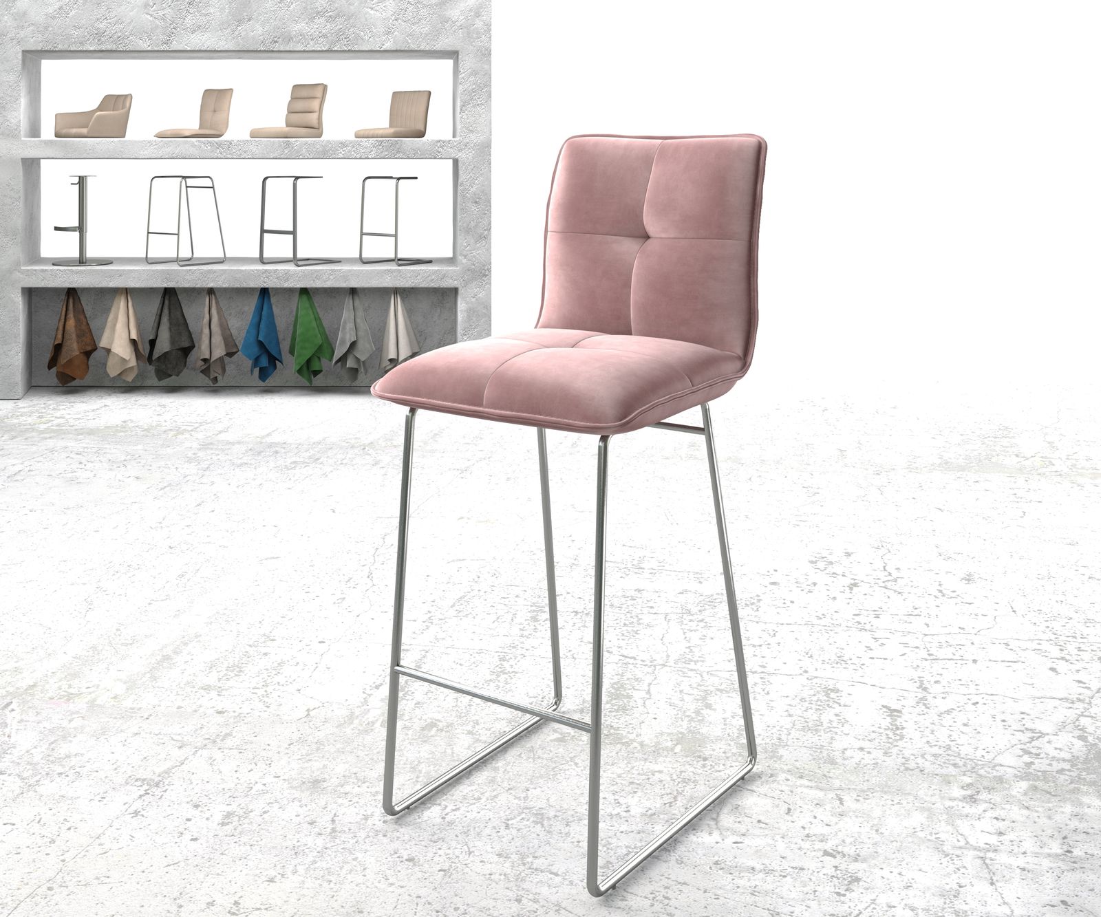 Chaise-de-bar Maddy-Flex velours rosé cadre de patins acier inoxydable