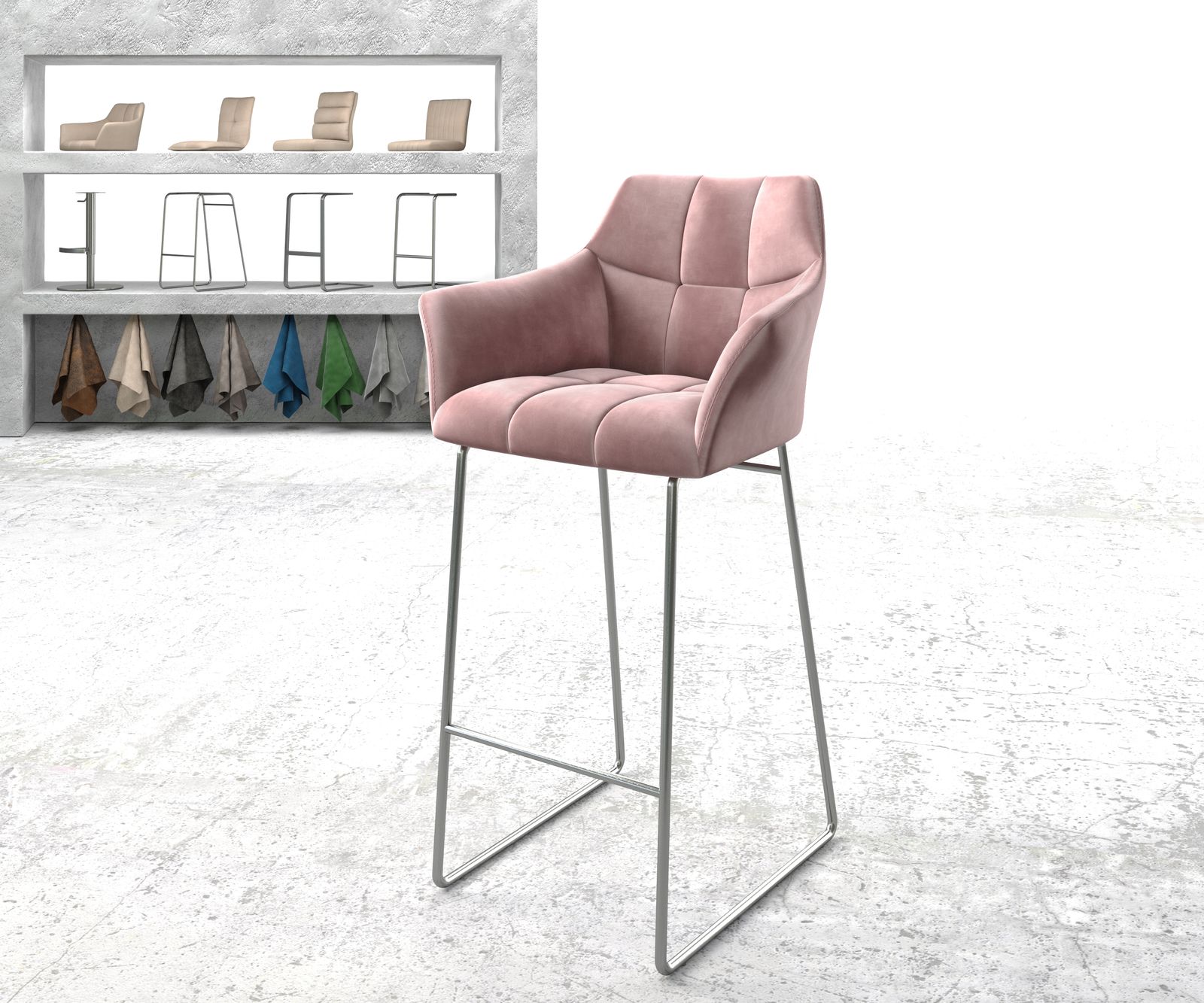 Chaise-de-bar Yulo-Flex velours rosé cadre de patins acier inoxydable