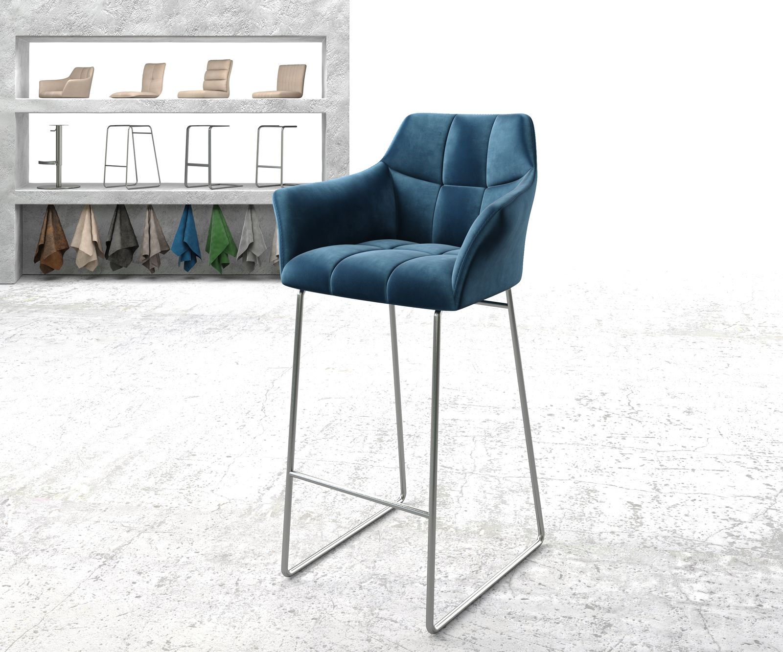 Chaise-de-bar Yulo-Flex velours bleu cadre de patins acier inoxydable