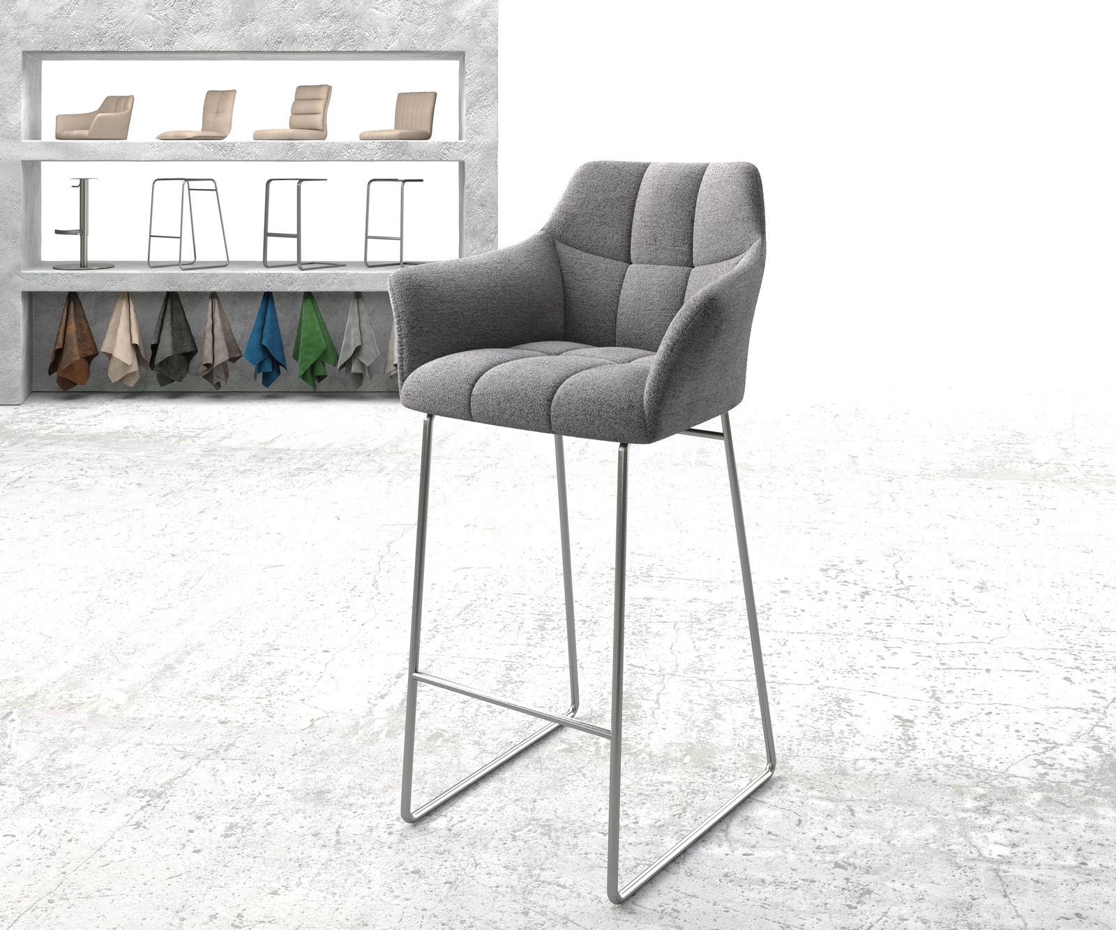 Chaise-de-bar Yulo-Flex tissu texturé gris clair cadre de patins acier inoxydable