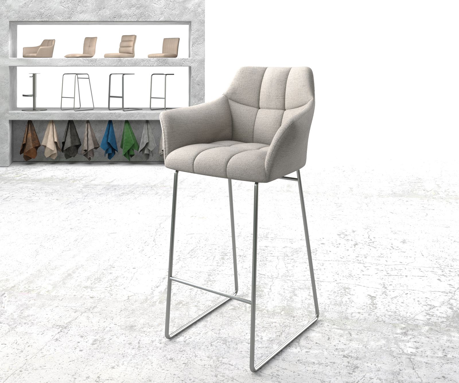 Chaise-de-bar Yulo-Flex rayures gris clair cadre de patins acier inoxydable