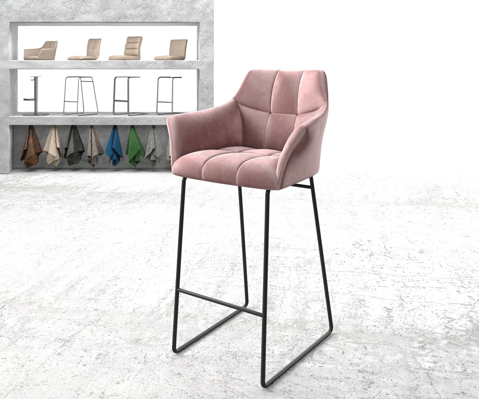 Chaise-de-bar Yulo-Flex velours rosé cadre de patins métal