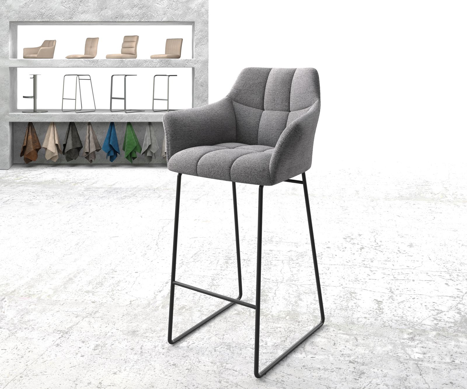 Chaise-de-bar Yulo-Flex tissu texturé gris clair cadre de patins métal