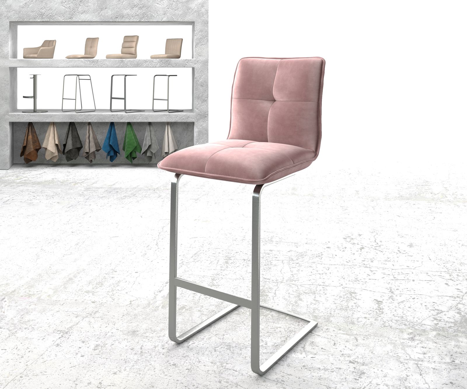 Chaise-de-bar Maddy-Flex velours rosé chaise cantilever acier plat inoxydable