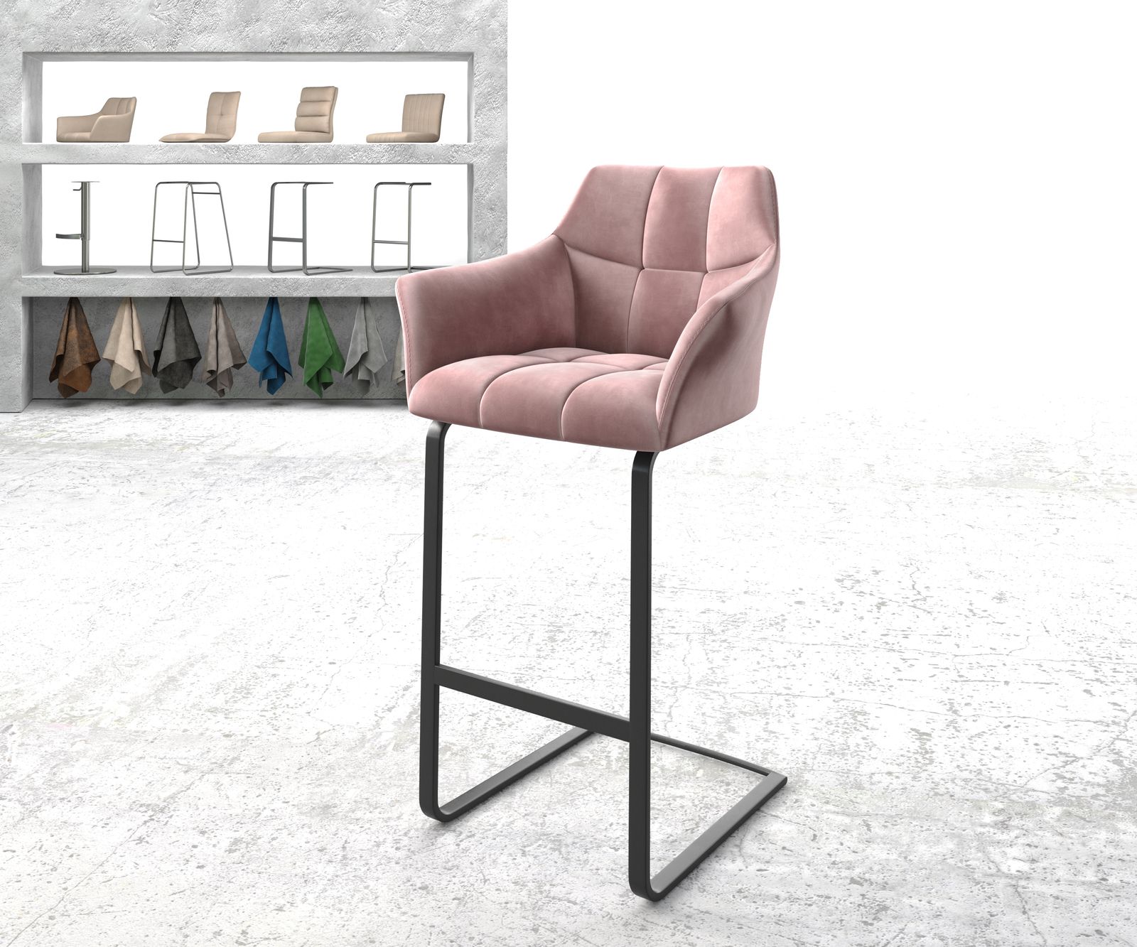 Chaise-de-bar Yulo-Flex velours rosé chaise cantilever métal plat