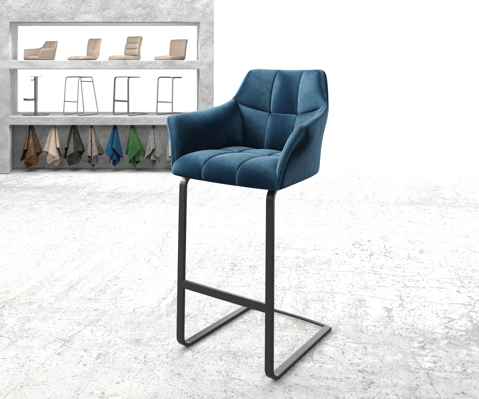Chaise-de-bar Yulo-Flex velours bleu chaise cantilever métal plat