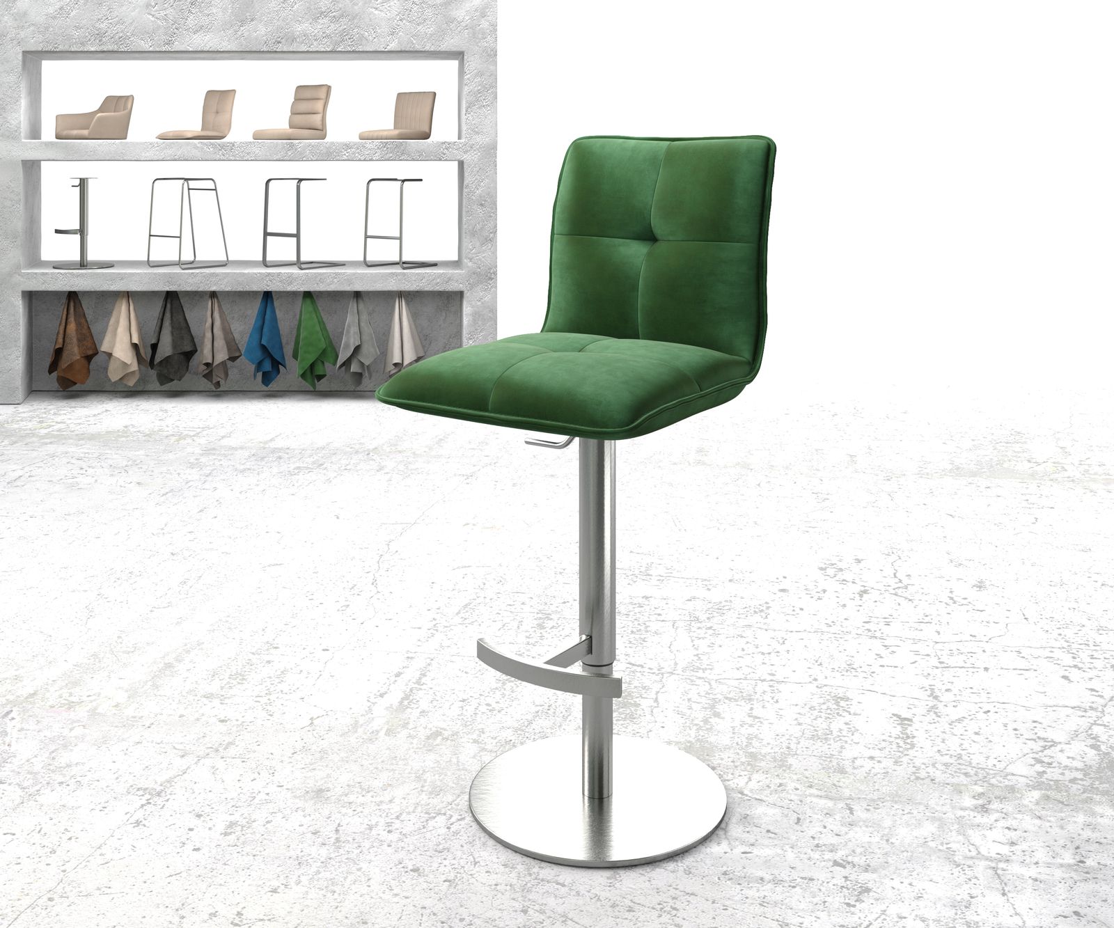 Chaise-de-bar Maddy-Flex velours vert pied pivotant réglable en hauteur acier inoxydable