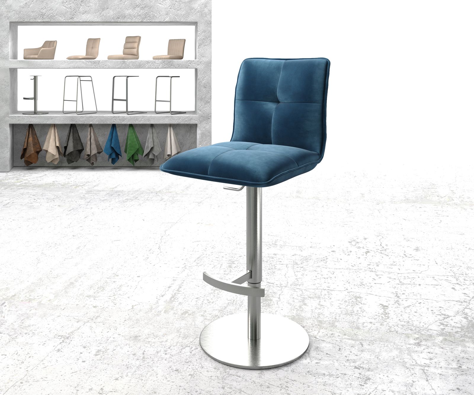 Chaise-de-bar Maddy-Flex velours bleu pied pivotant réglable en hauteur acier inoxydable