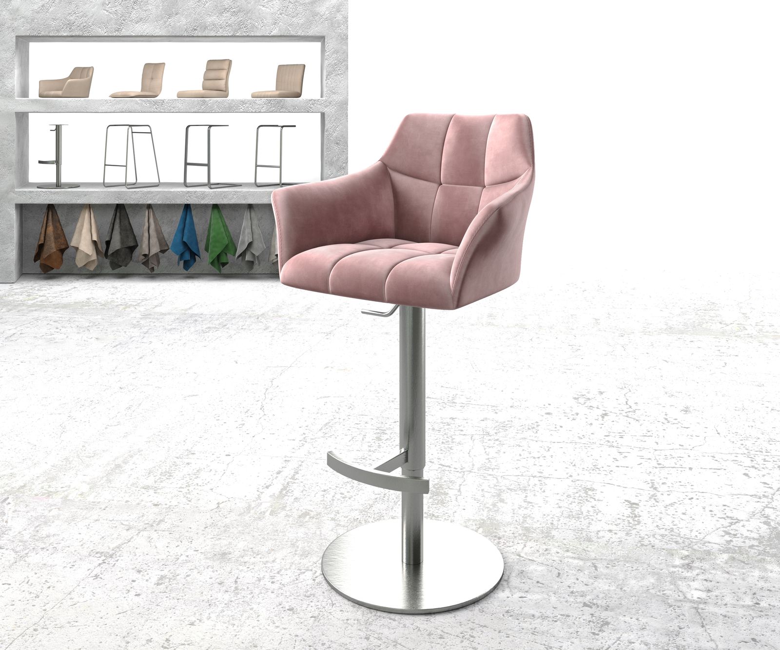 Chaise-de-bar Yulo-Flex velours rosé pied pivotant réglable en hauteur acier inoxydable