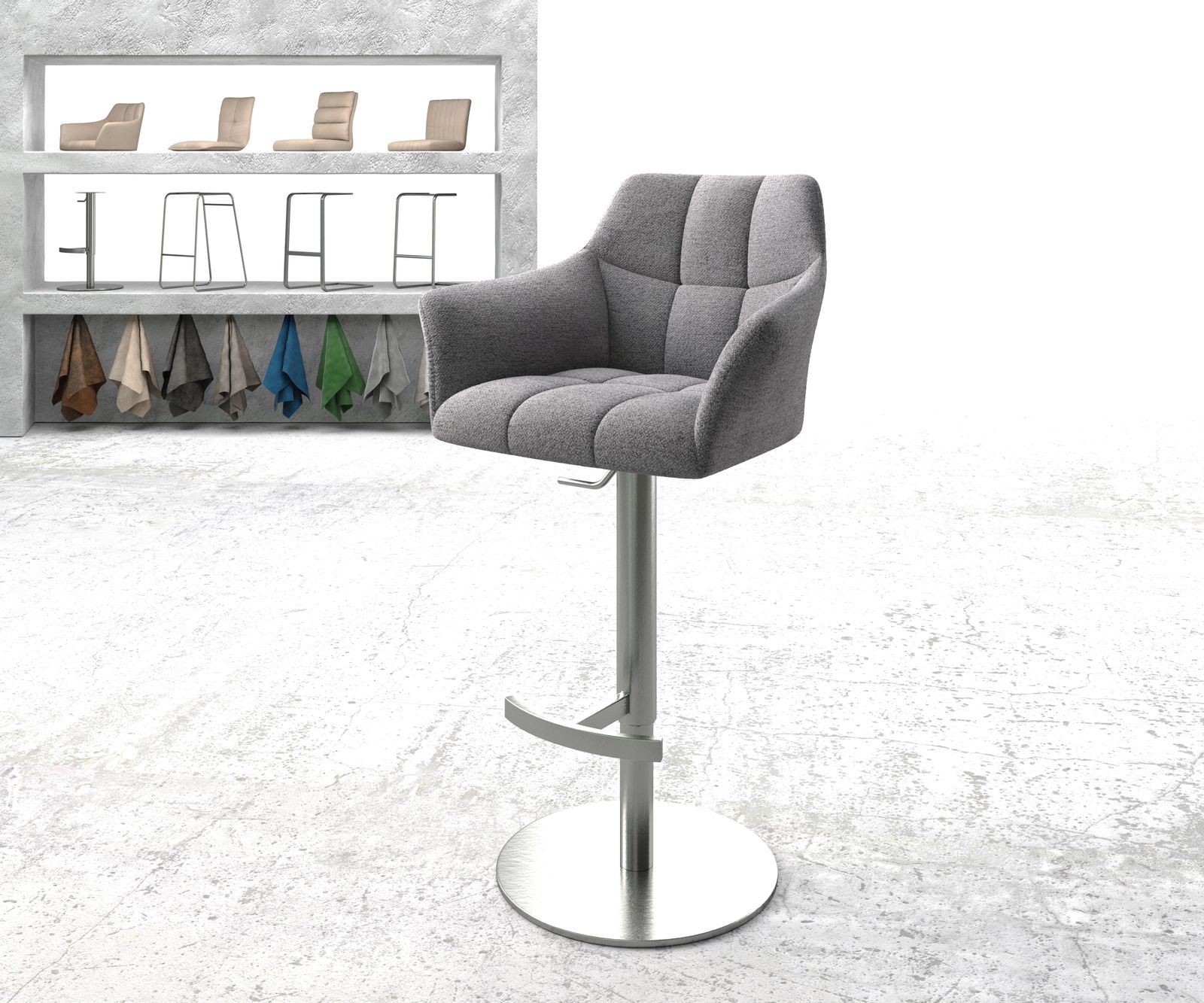 Chaise-de-bar Yulo-Flex tissu texturé gris clair pied pivotant réglable en hauteur acier inoxydable