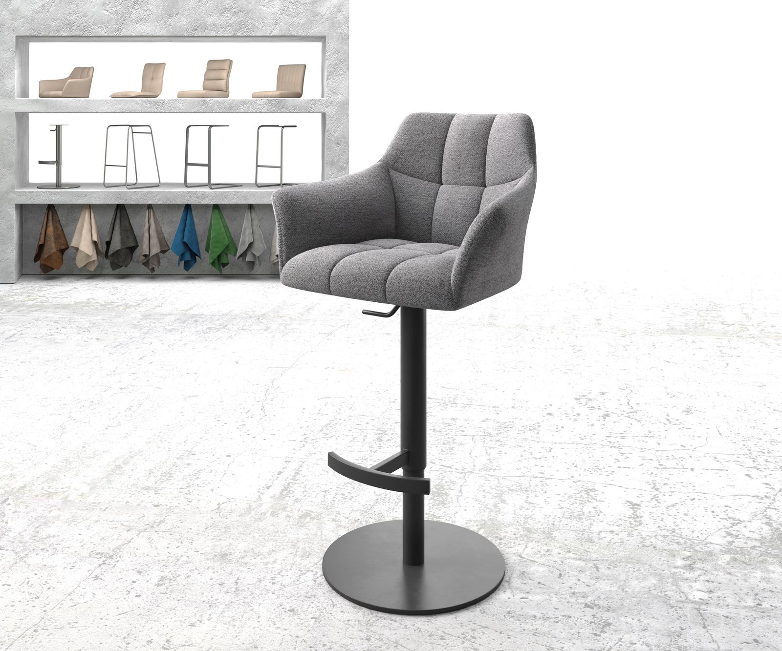 Chaise-de-bar Yulo-Flex tissu texturé gris clair pied pivotant réglable en hauteur métal