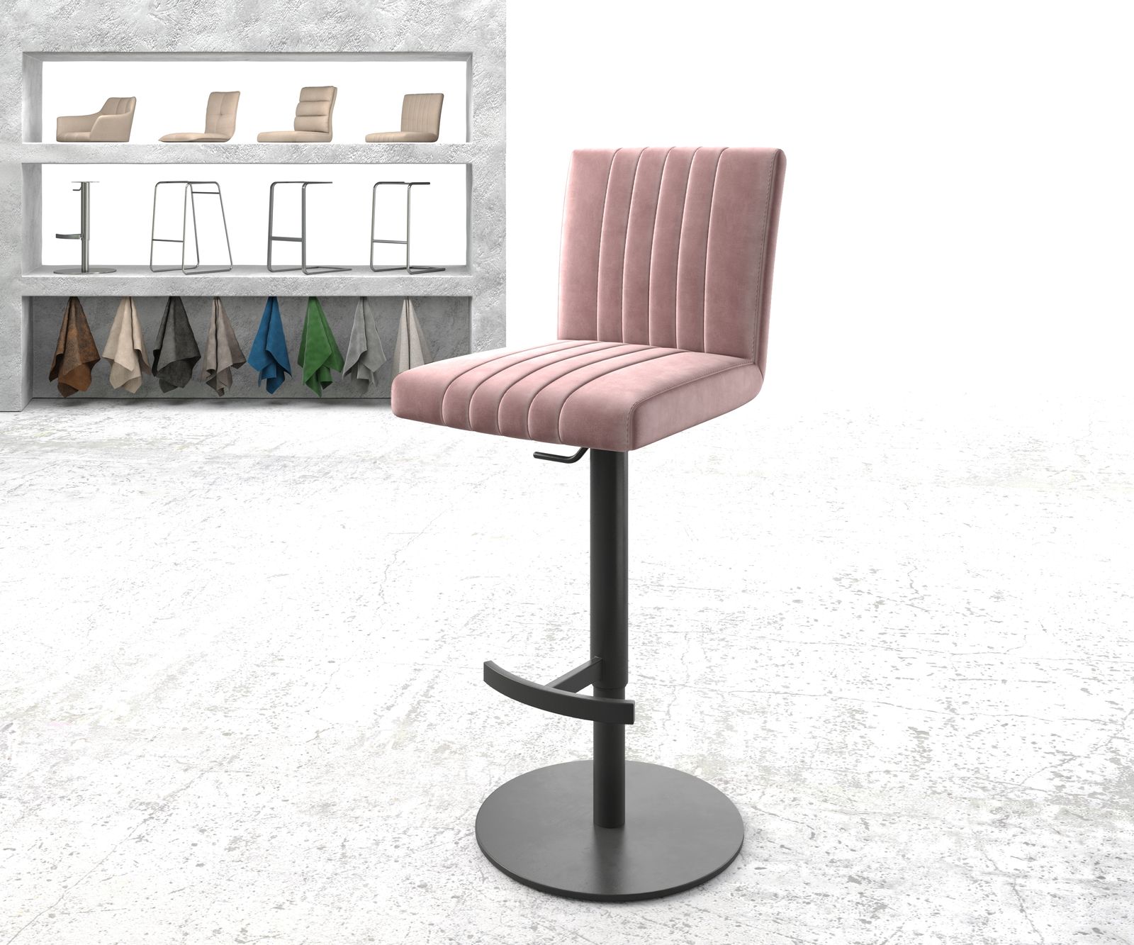 Chaise-de-bar Luiga-Flex velours rosé pied pivotant réglable en hauteur métal