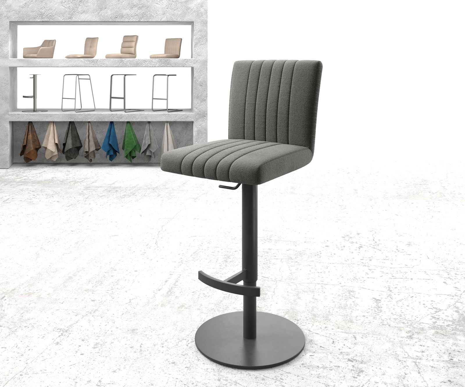Chaise-de-bar Luiga-Flex tissu texturé anthracite pied pivotant réglable en hauteur métal