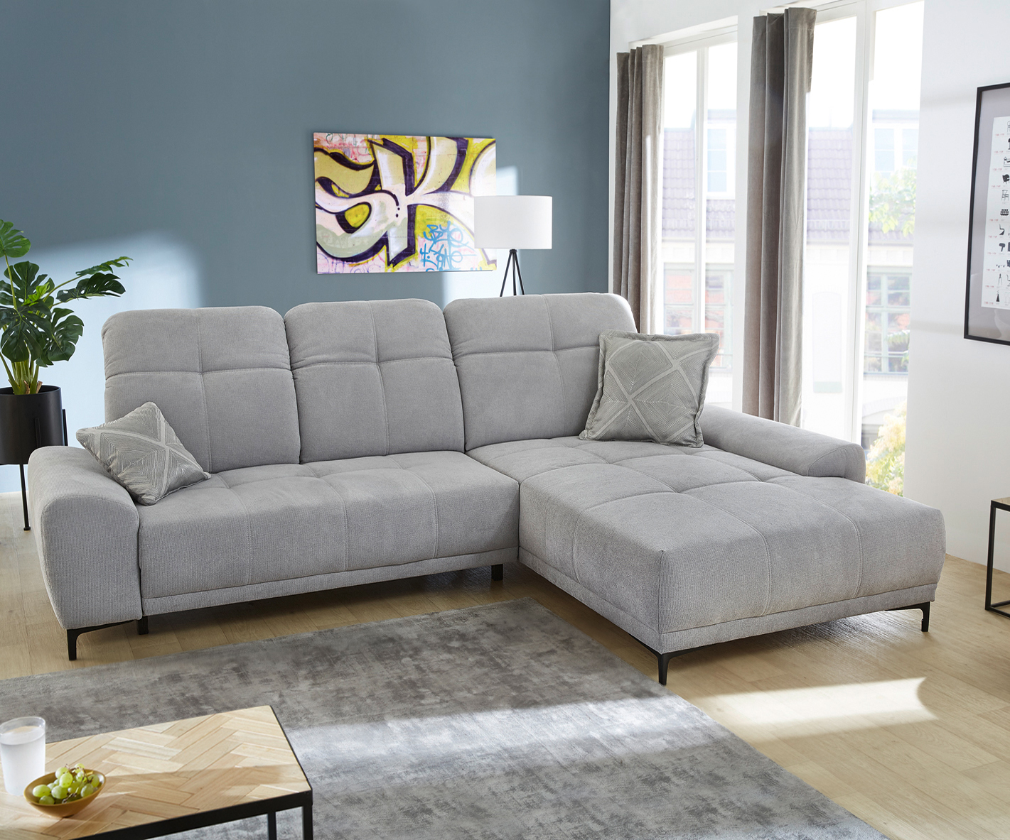 Canapé-d'angle Parvin 319x217 cm gris récamière variable réglage électrique de la profondeur du sièg