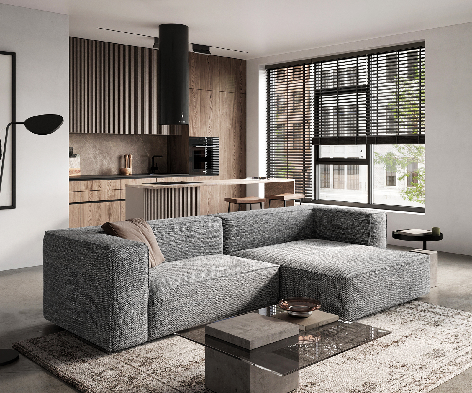 Ecksofa Around the Block 300x165 Schwarz-Weiß Longchair rechts by W. Schillig