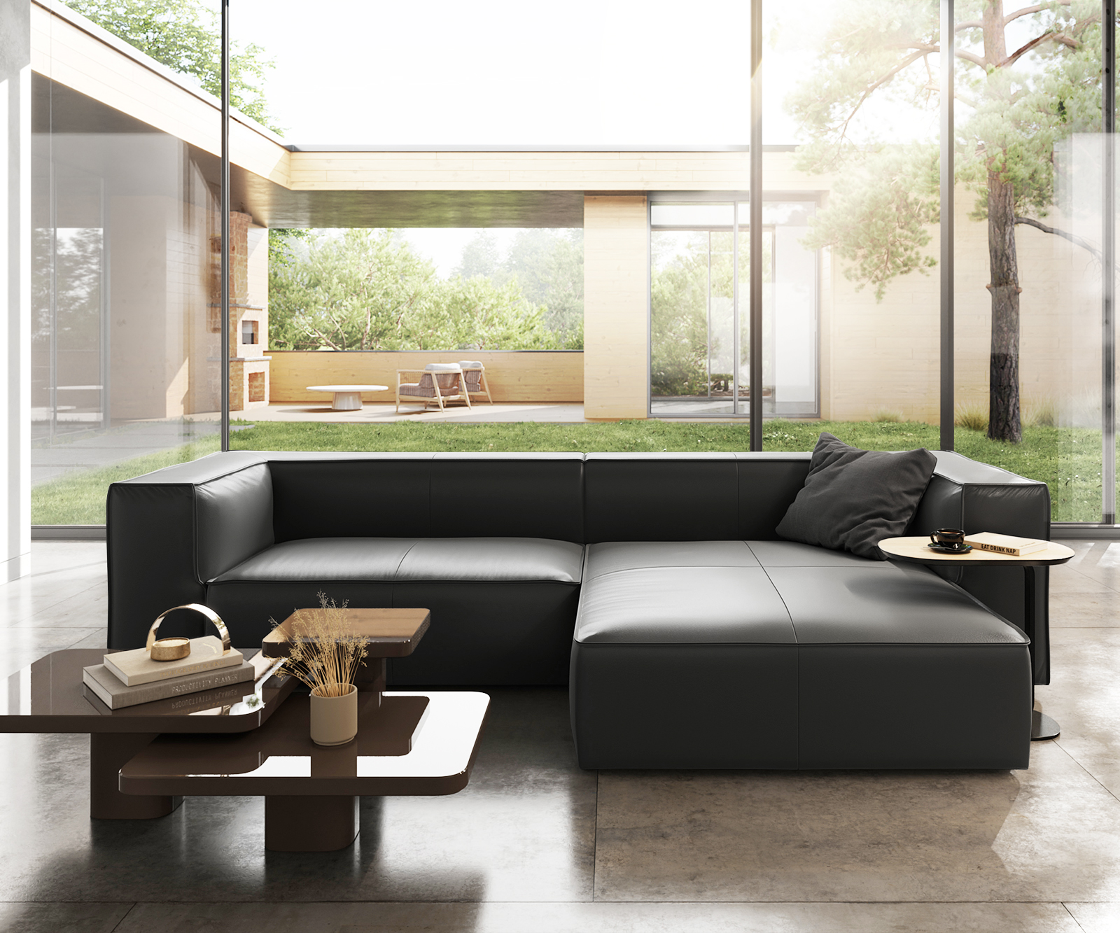 Canapé-d'angle Around the Block 300x165 noir cuir véritable chaise longue droite de W. Schillig