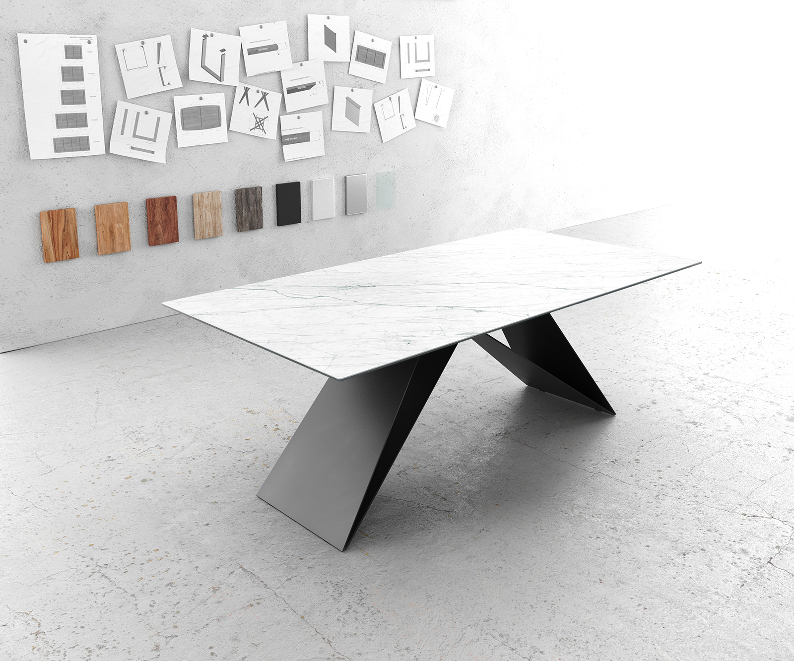 DELIFE Eettafel Edge 200x100cm Laminam® keramiek wit V-middenpoot zwart