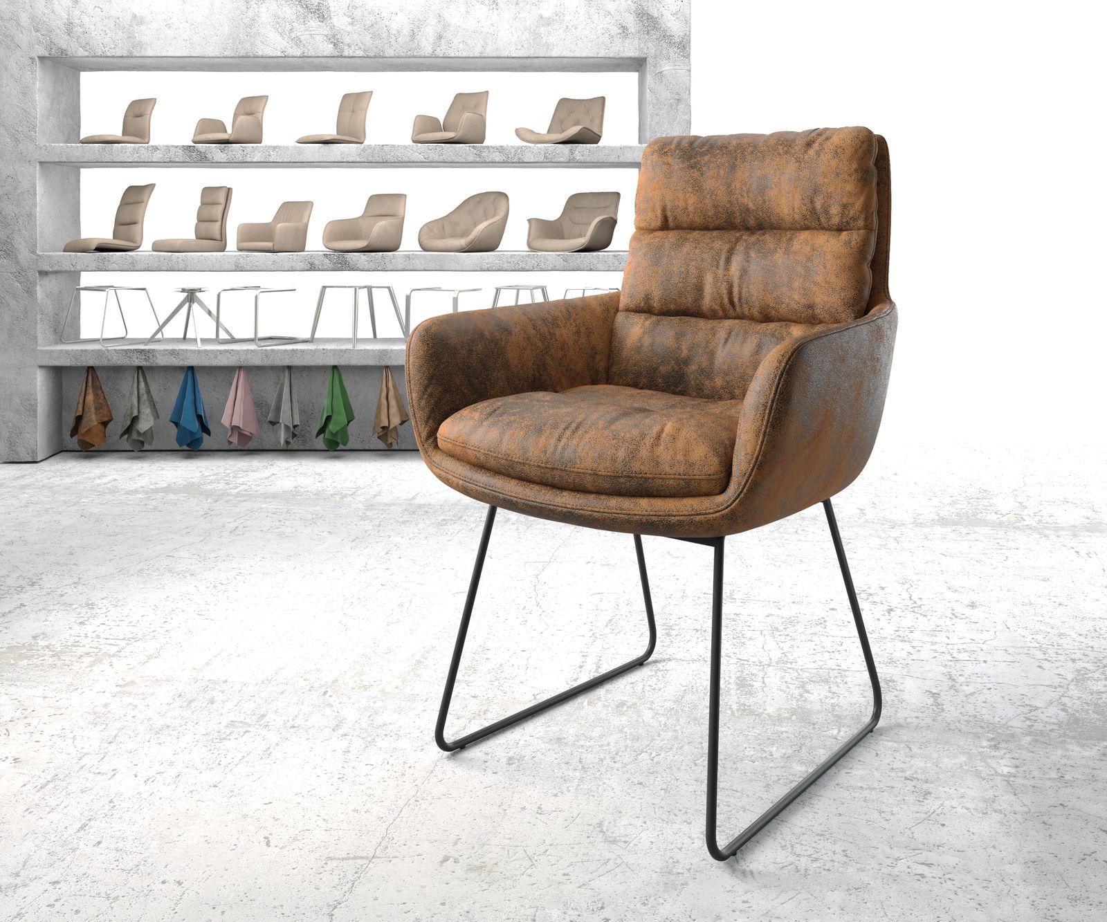 Chaise-de-salle-à-manger Abelia-Flex avec accoudoir marron vintage cadre croisé noir