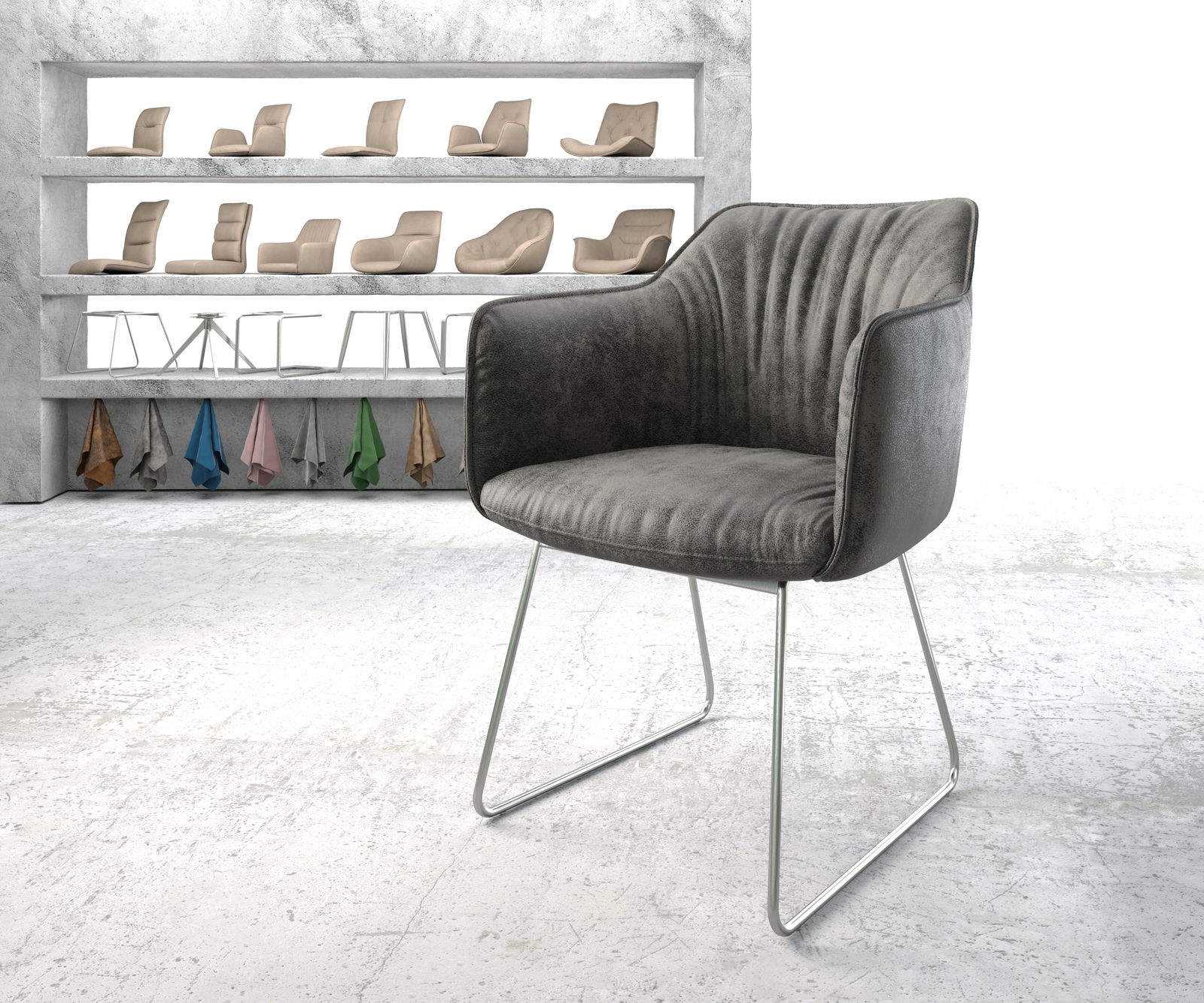 Chaise-de-salle-à-manger Elda-Flex avec accoudoir gris vintage cadre croisé acier inoxydable