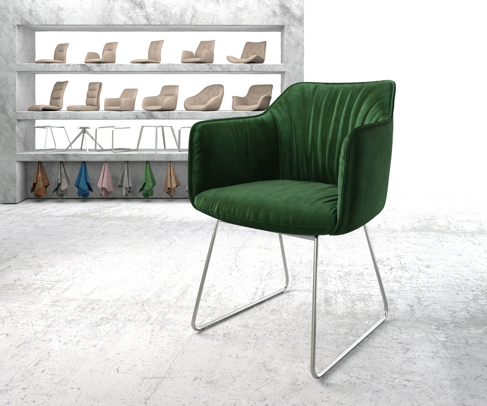 Chaise-de-salle-à-manger Elda-Flex avec accoudoir velours vert cadre croisé acier inoxydable