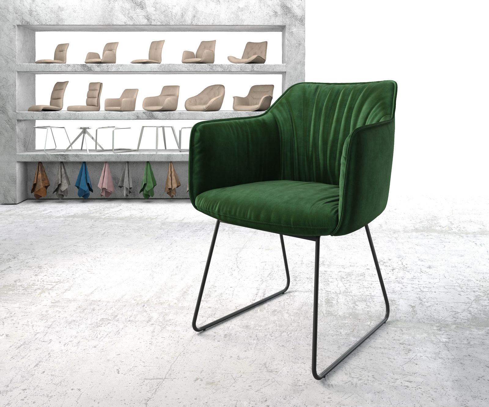 Chaise-de-salle-à-manger Elda-Flex avec accoudoir velours vert cadre croisé noir