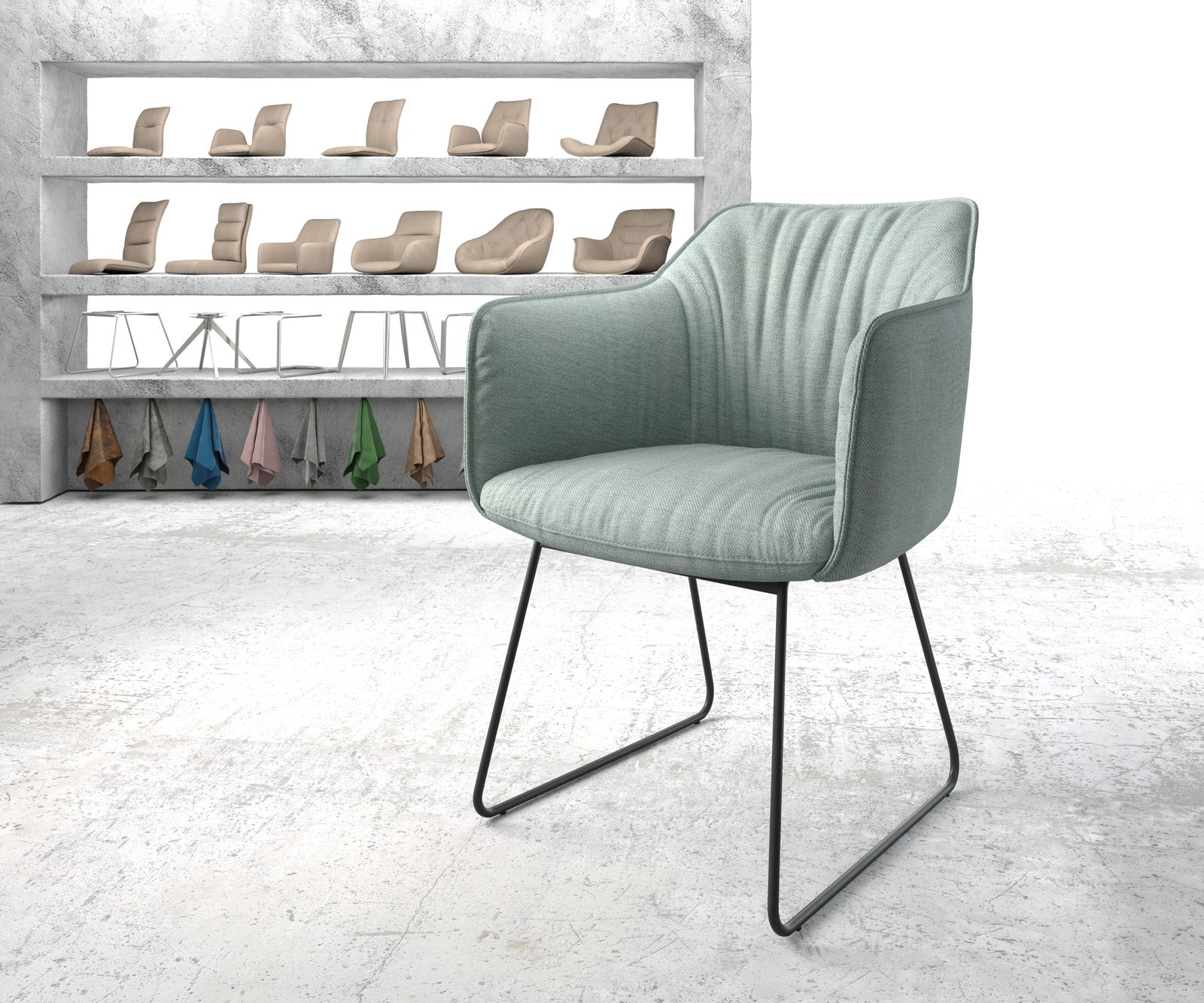 Chaise-de-salle-à-manger Elda-Flex avec accoudoir rayures menthe cadre croisé noir