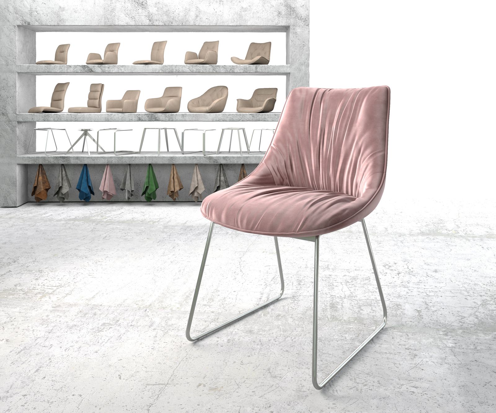 Chaise-de-salle-à-manger Elda-Flex velours rosé cadre croisé acier inoxydable