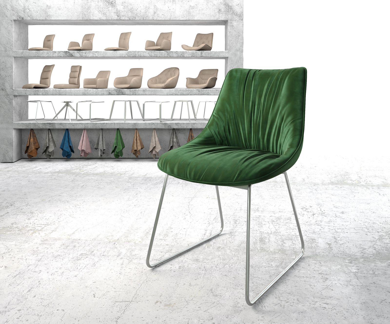 Chaise-de-salle-à-manger Elda-Flex velours vert cadre croisé acier inoxydable