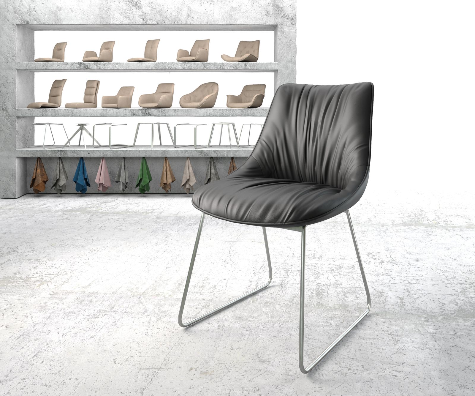 Chaise-de-salle-à-manger Elda-Flex cuir véritable noir cadre croisé acier inoxydable