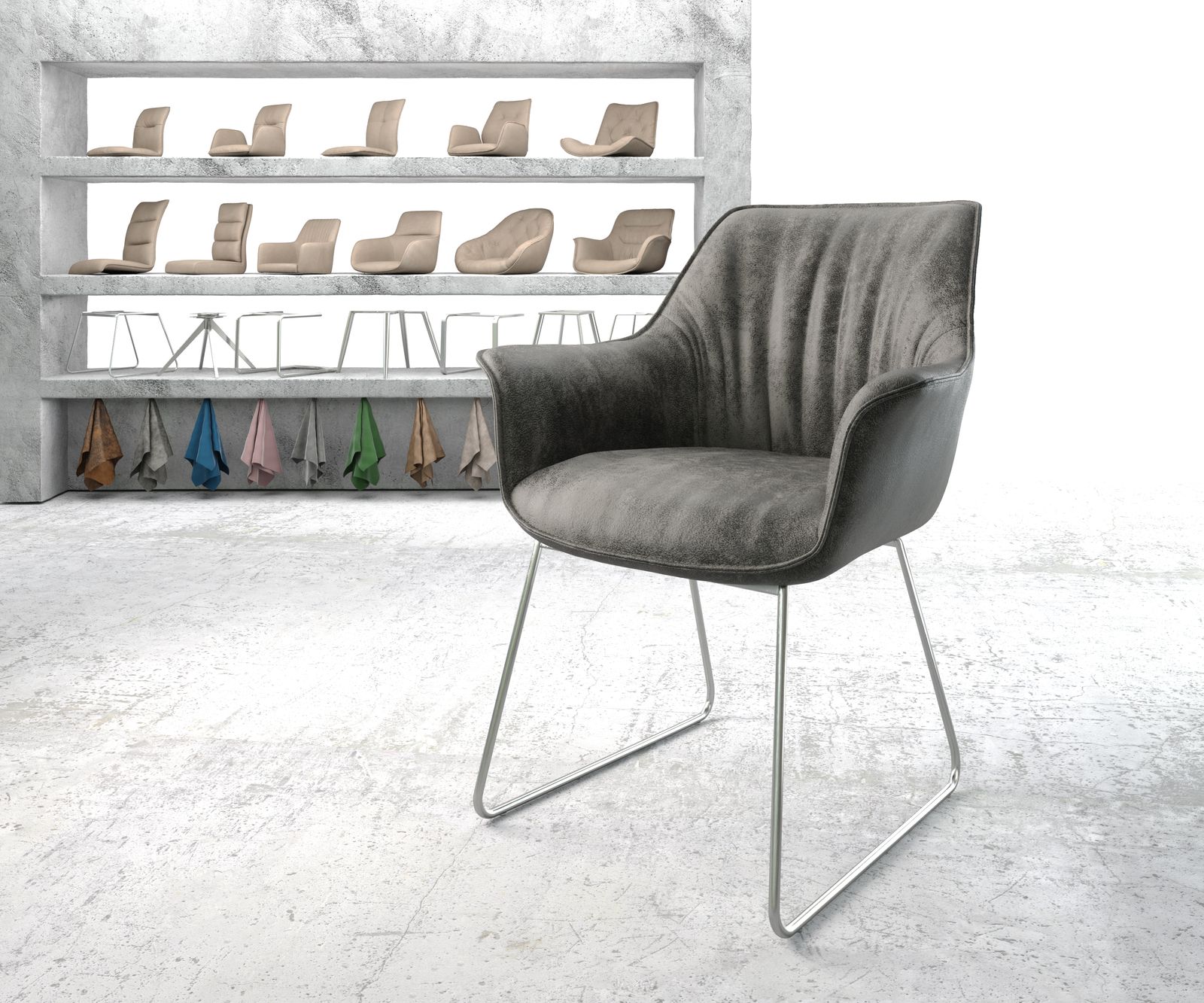 Chaise-de-salle-à-manger Keila-Flex avec accoudoir gris vintage cadre croisé acier inoxydable