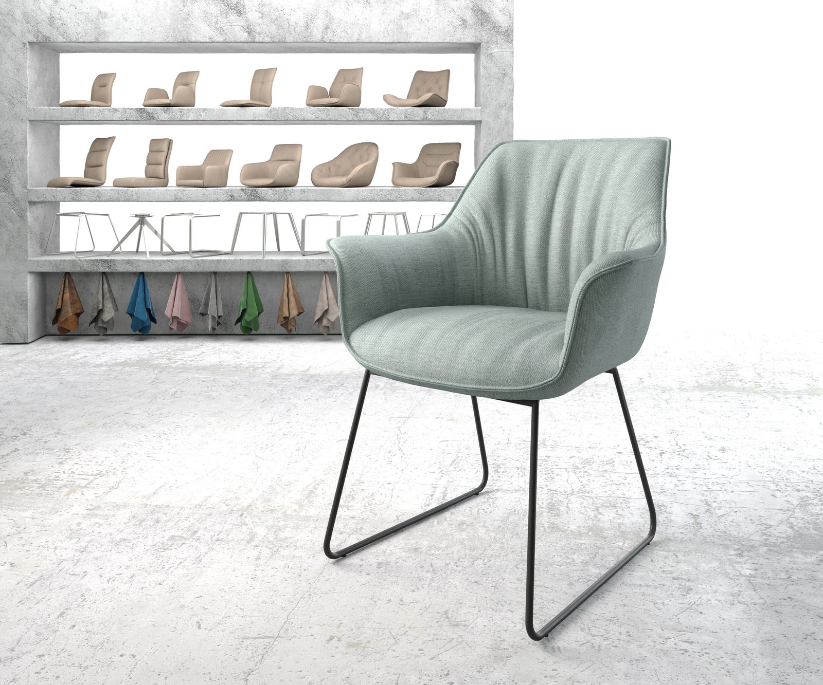 Chaise-de-salle-à-manger Keila-Flex avec accoudoir rayures menthe cadre croisé noir