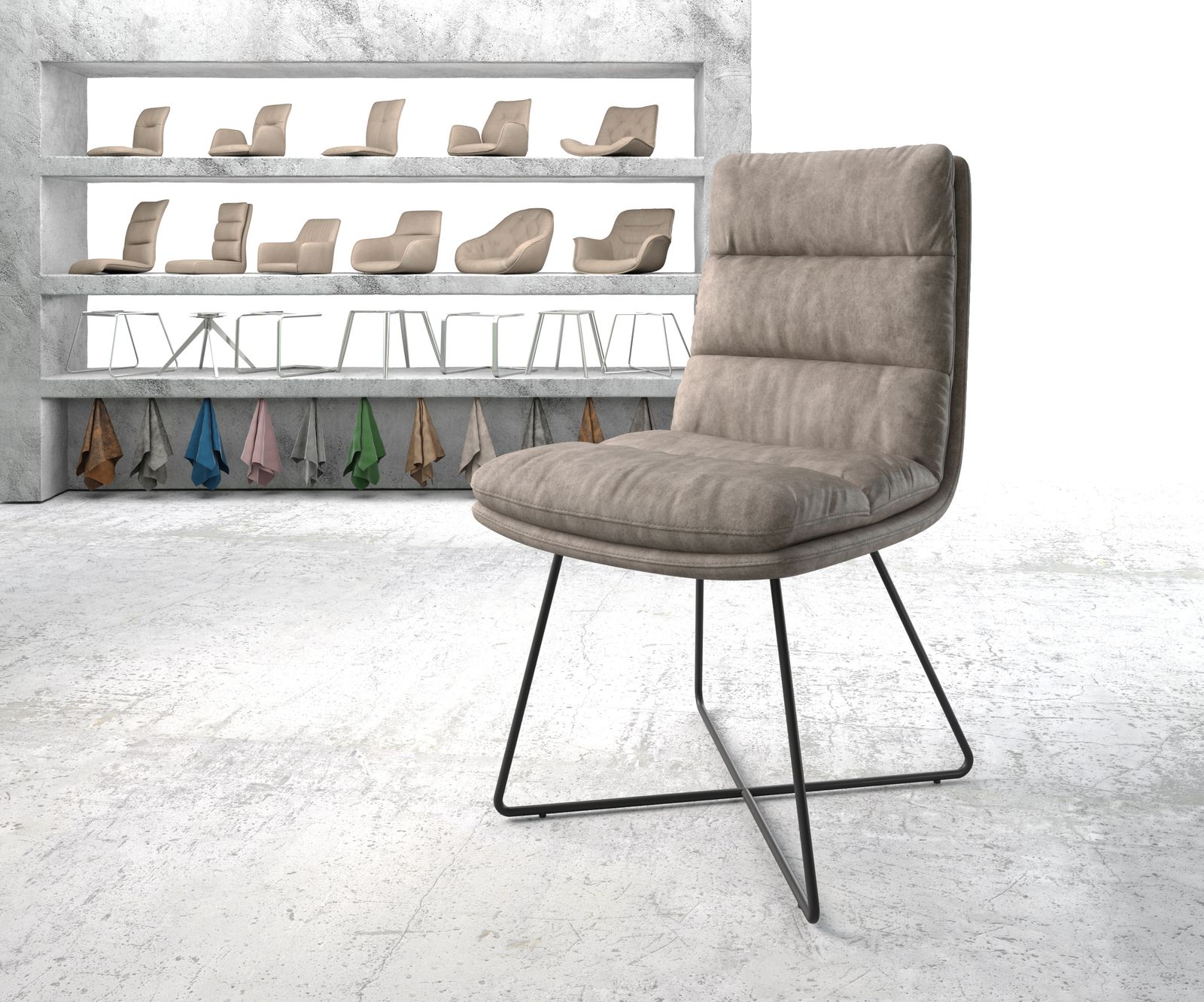 Chaise-de-salle-à-manger Abelia-Flex taupe vintage cadre en X noir