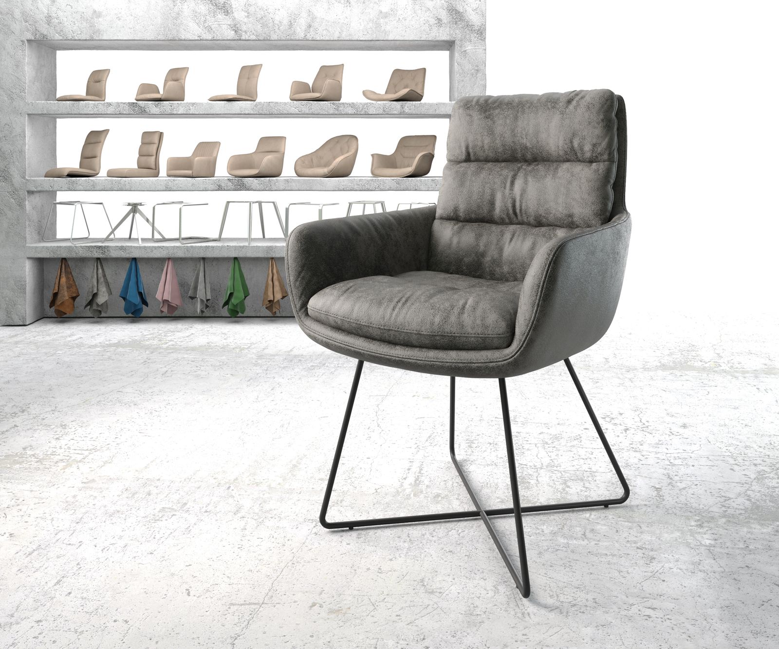 Chaise-de-salle-à-manger Abelia-Flex avec accoudoir gris vintage cadre en X noir