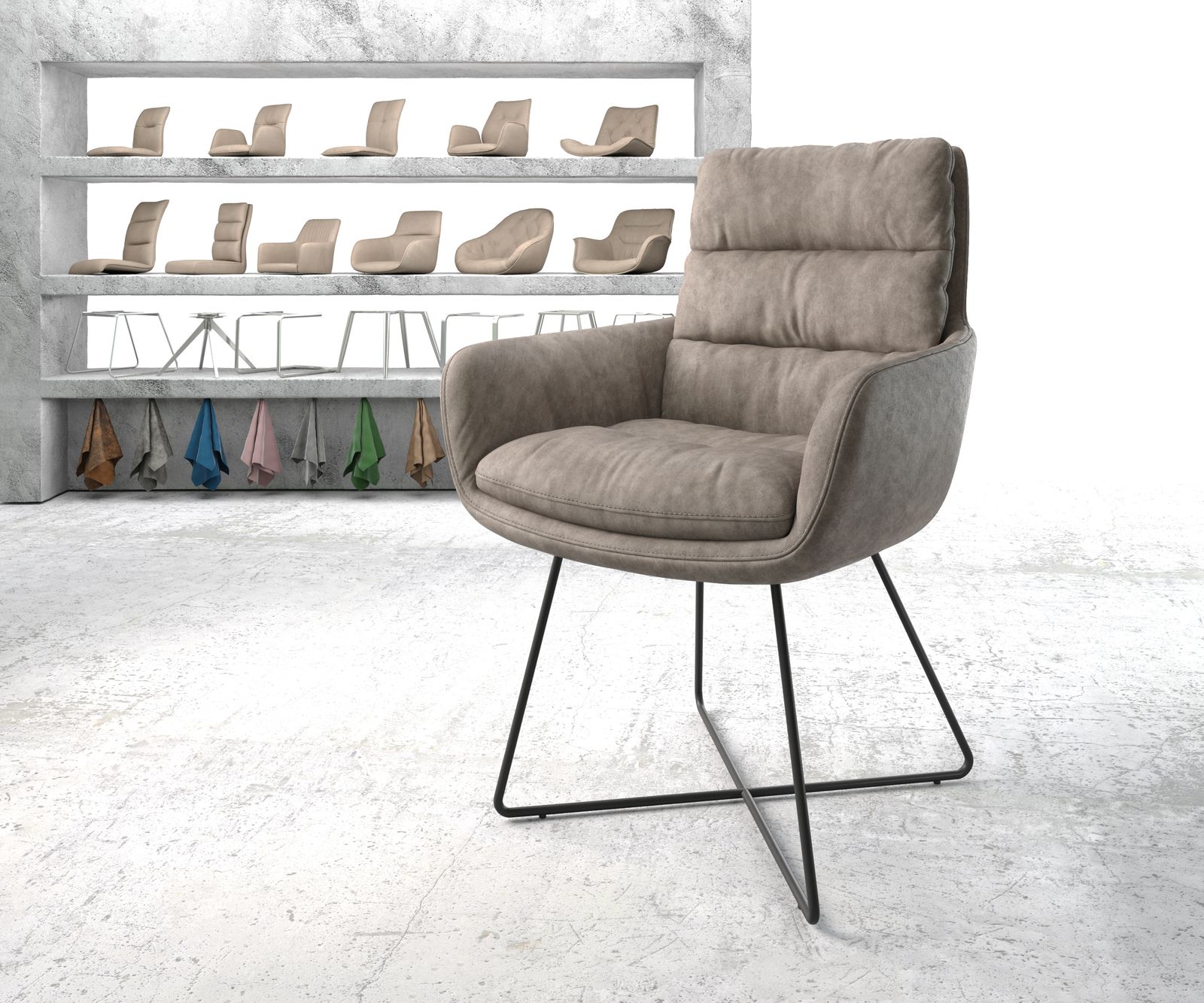 Chaise-de-salle-à-manger Abelia-Flex avec accoudoir taupe vintage cadre en X noir