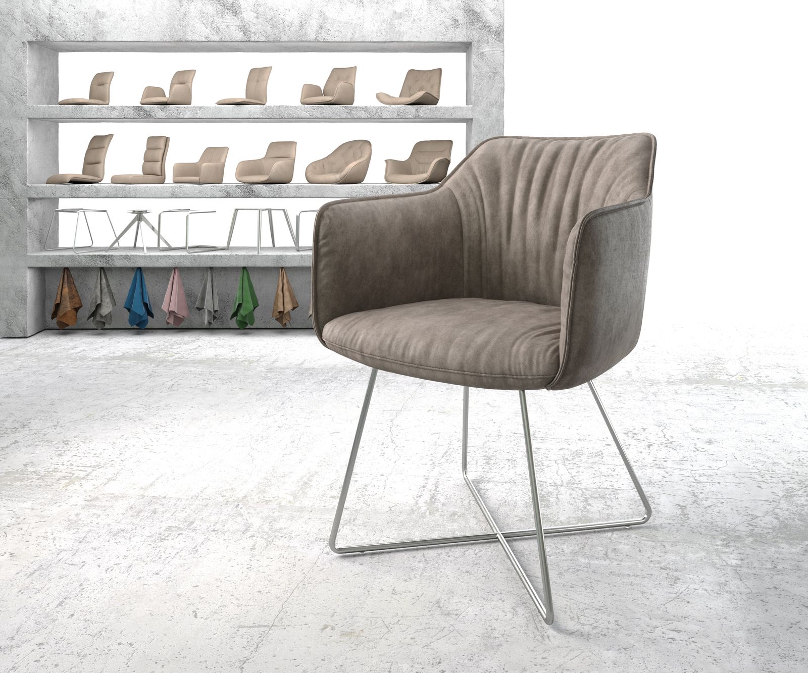 Chaise-de-salle-à-manger Elda-Flex avec accoudoir taupe vintage cadre en X acier inoxydable